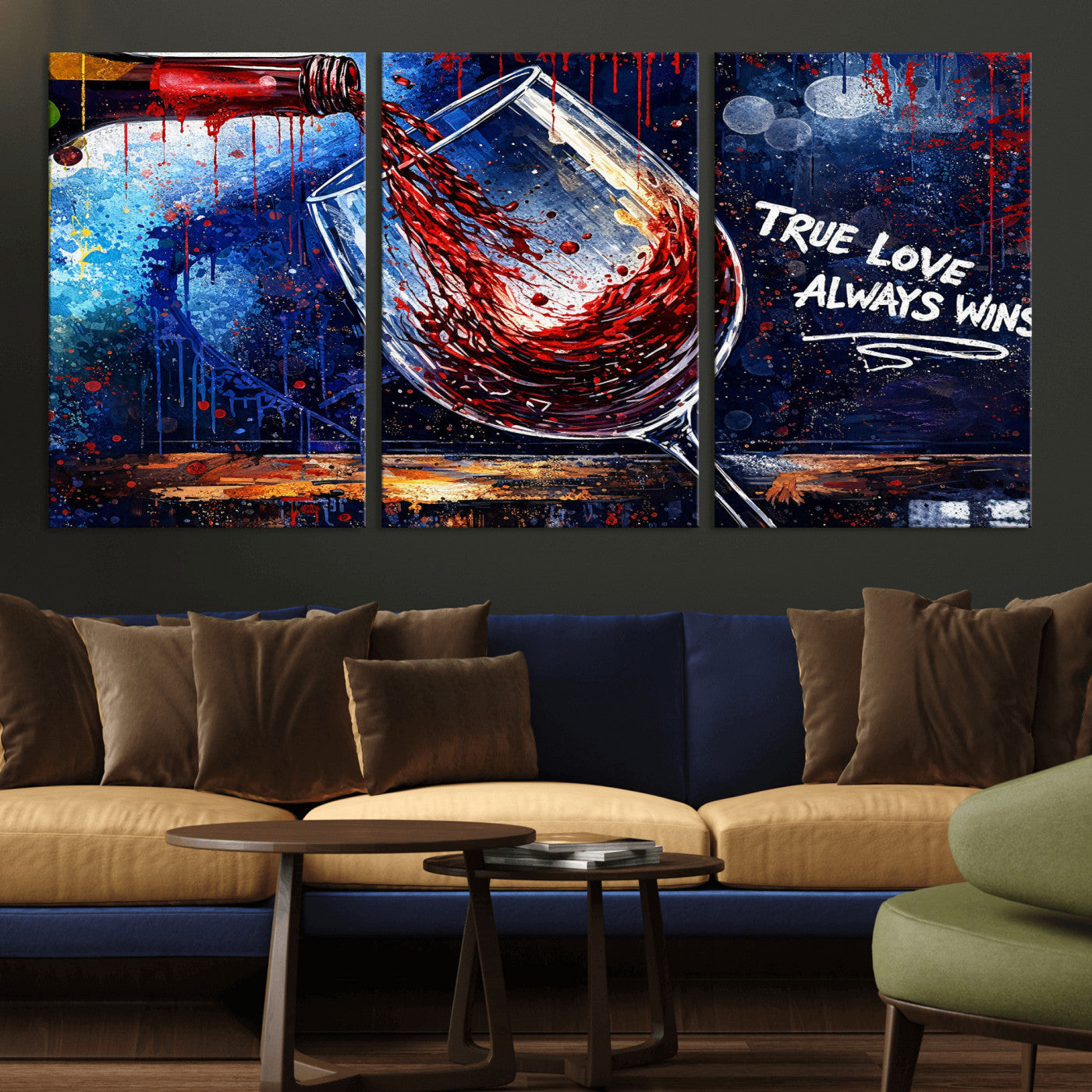 88788932-MGV-CV-36X24 - Red Wine Splash Abstract Wall Art Canvas Print, Modern Wine Glass Painting Canvas Print, Romantic Quote Contemporary Bar Art Print