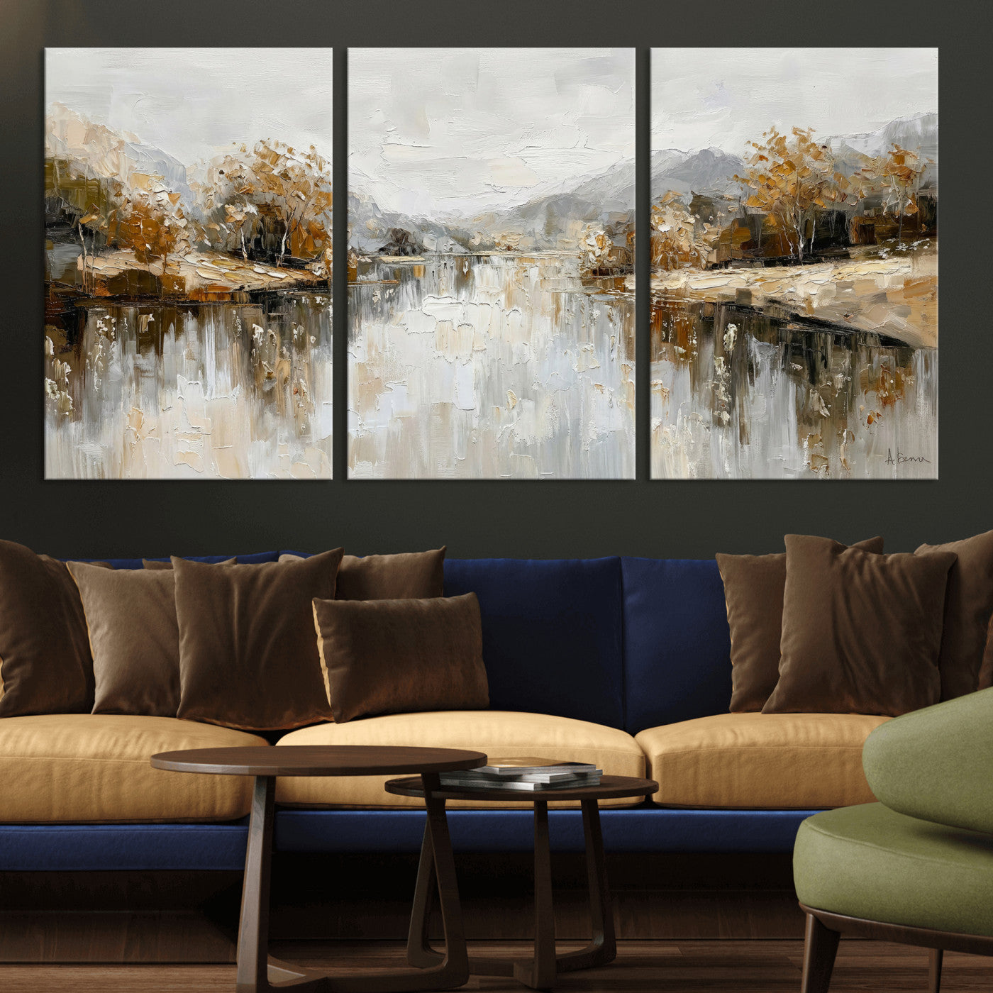 78227690-MGV-CV-36X24 - Neutral Abstract Lake Landscape Wall Art Canvas Print, Modern Minimal River Reflection Canvas Print, Beige Gray Contemporary Nature Art Printing