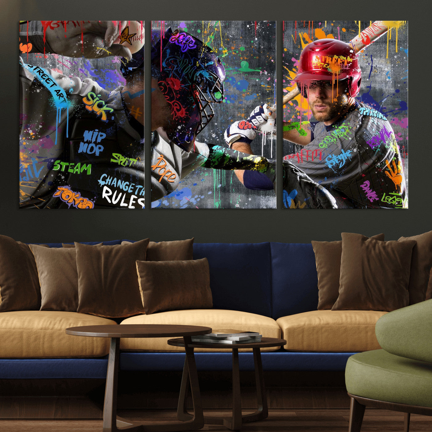 19634994-MGV-CV-36X24 - Graffiti Baseball Player Street Art Wall Art Canvas Print, Urban Sports Pop Art Baseball Canvas Print, Modern Athletic Graffiti Contemporary Art Printing