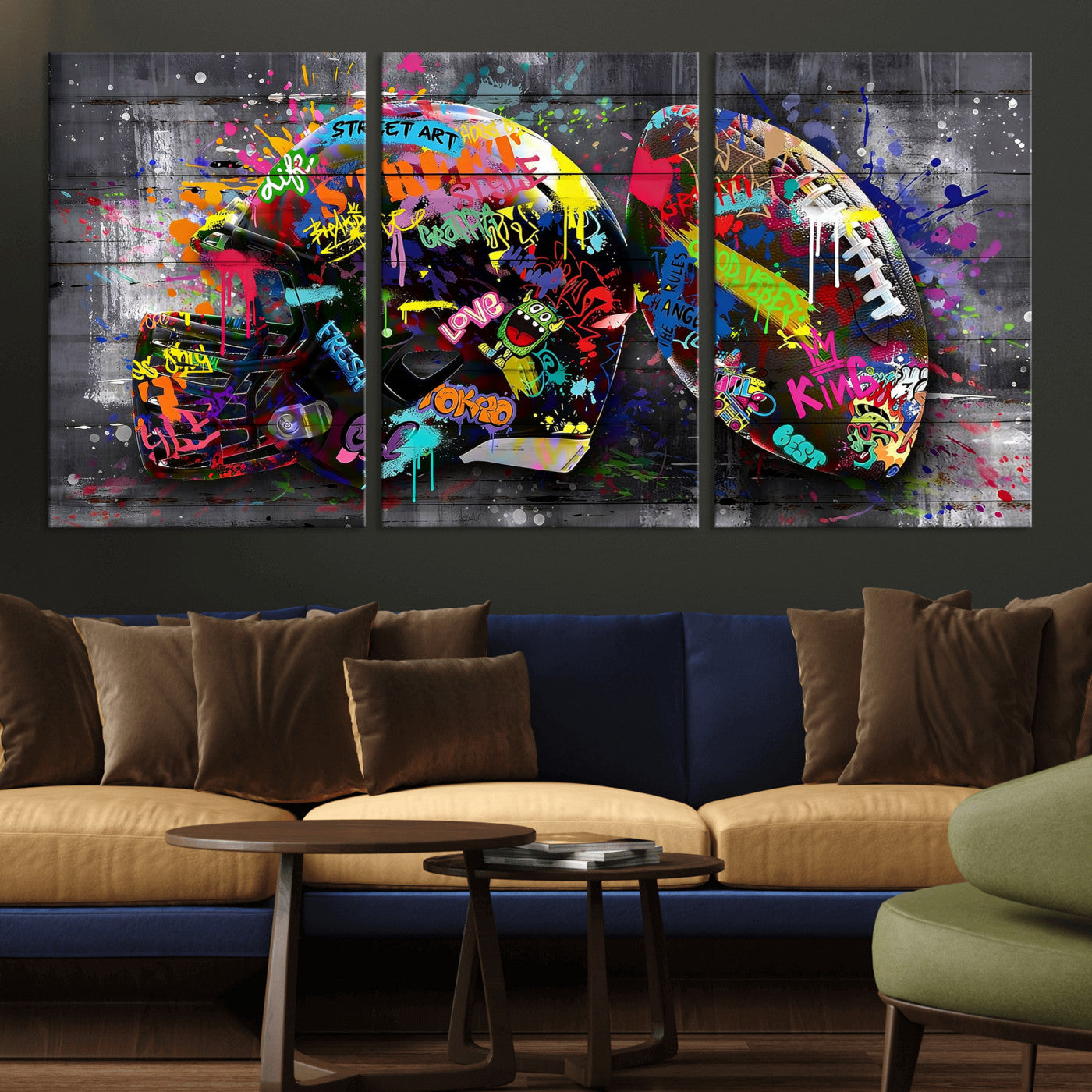 80540773-MGV-CV-36X24 - Graffiti American Football Helmet Street Art Wall Art Canvas Print, Urban Sports Pop Art Football Canvas Print, Colorful Graffiti Sports Contemporary Art Printing