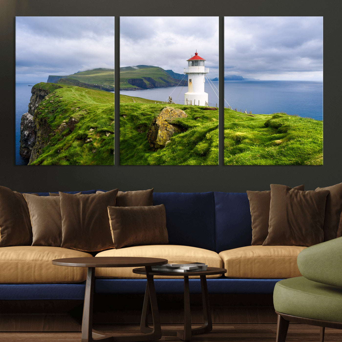 10680390-MGV-CV-36X24 - Coastal Lighthouse Wall Art Canvas Print, Cliffside Ocean Landscape Canvas Print, Scandinavian Coastal Decor for Living Room