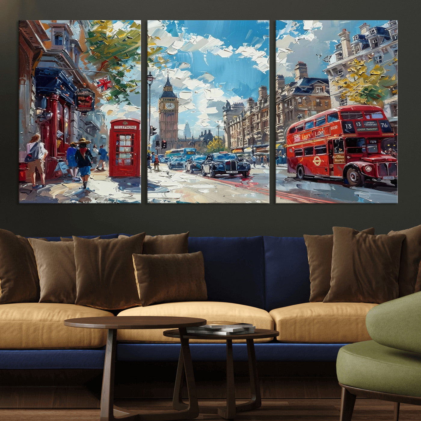 17630888-MGV-CV-36X24 - Modern London City Street Wall Art Canvas Print, Big Ben & Red Bus Artwork Canvas Print