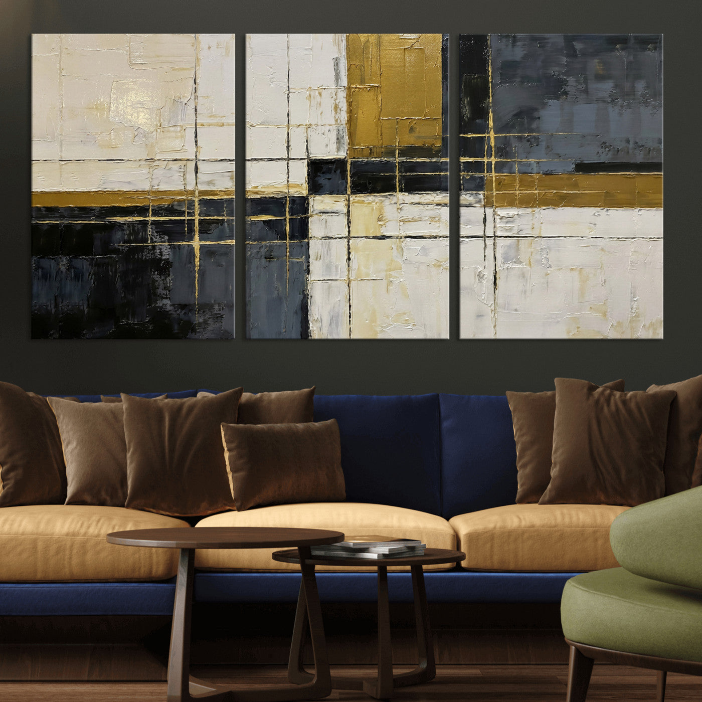 36097945-MGV-CV-36X24 - Abstract Gold and Black Wall Art Canvas Print – Modern Geometric Neutral Artwork for Living Room Decor
