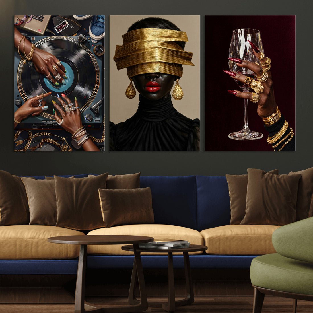 Luxury Fashion Wall Art Canvas Print Set of 3, Gold Jewelry Portrait Triptych