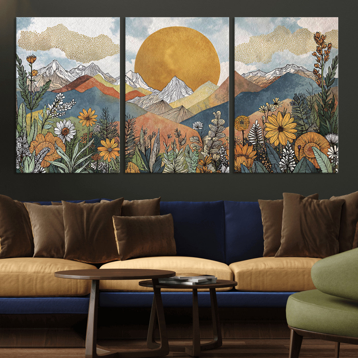 17540863-MGV-CV-36X24 - Boho Mountain Landscape Large Wall Art, Horizontal Gold Framed Canvas Print with Sun and Flowers