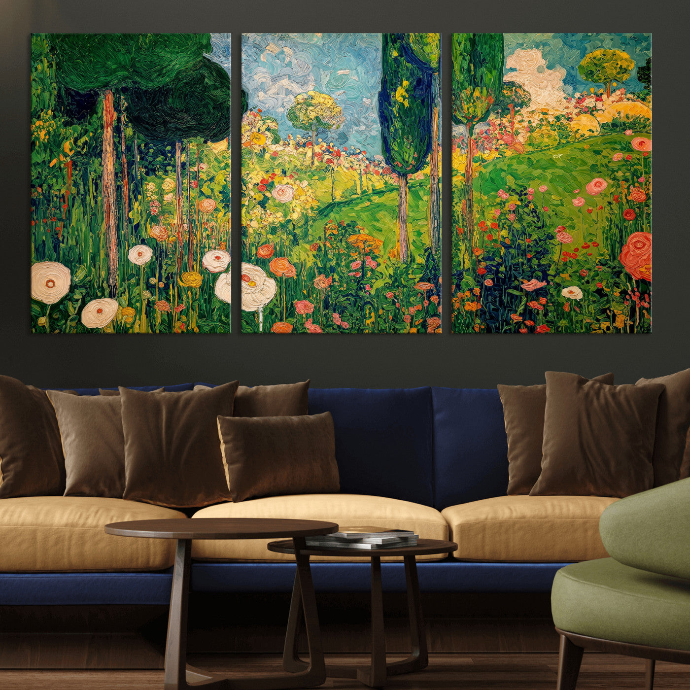 83517974-MGV-CV-36X24 - Gustav Klimt Boho Mountain Landscape Large Wall Art, Horizontal Gold Framed Canvas Print with Sun and Flowers