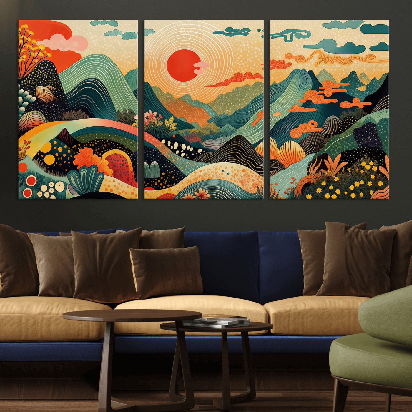 29927191-MGV-CV-36X24 - Yayoi Kusama Boho Mountain Landscape Large Wall Art, Horizontal Gold Framed Canvas Print with Sun and Flowers