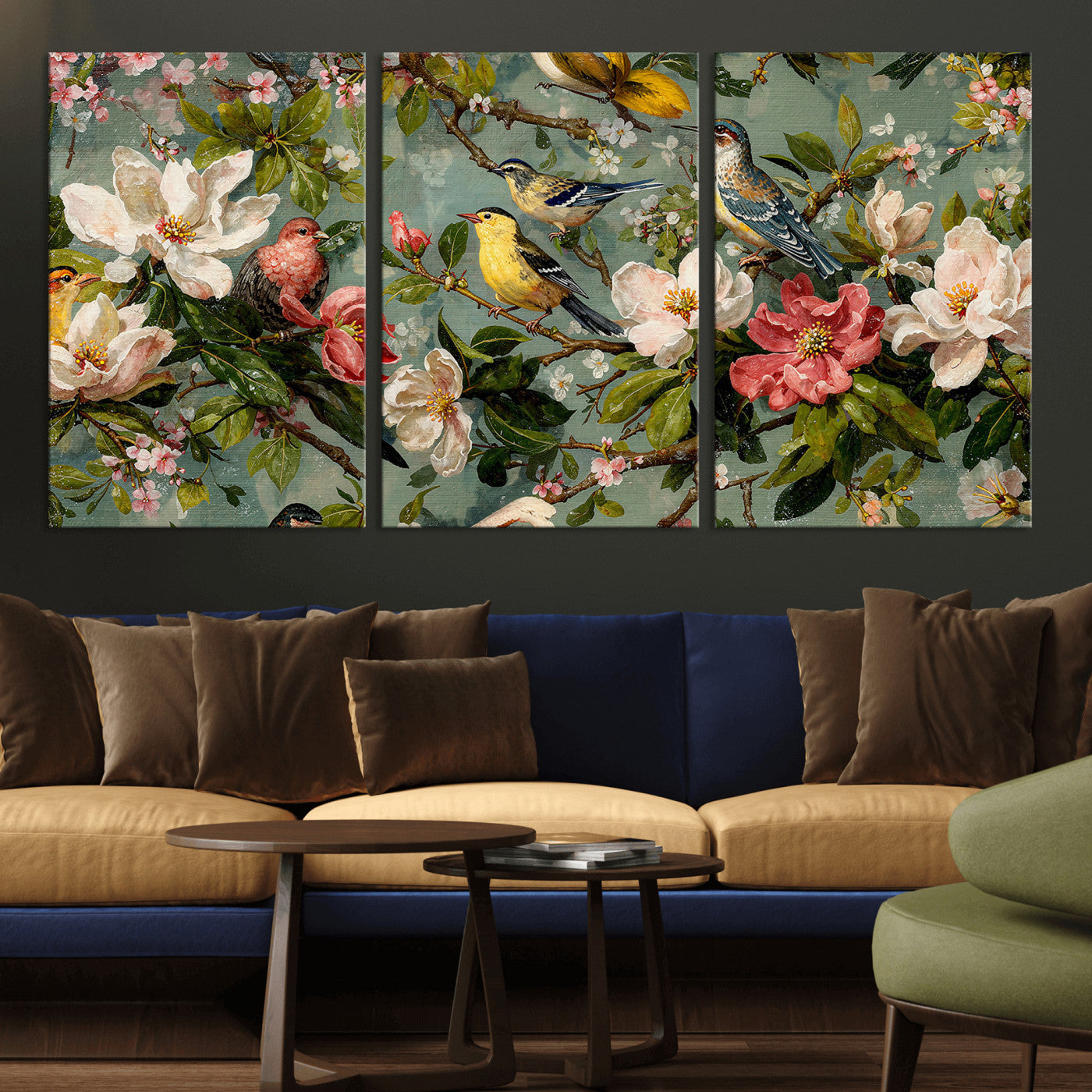 77883606-MGV-CV-36X24 - Vintage Birds and Flowers Wide Wall Art: Extra Large Panoramic Botanical Print