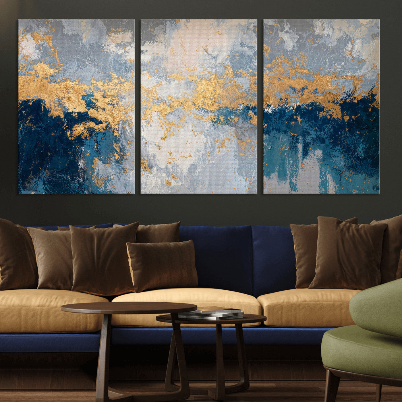 65386119-MGV-CV-36X24 - Blue Gold Abstract Large Framed Canvas Wall Art, Modern Luxury Painting Print in Horizontal Oversized Minimal Wall Decor Artwork