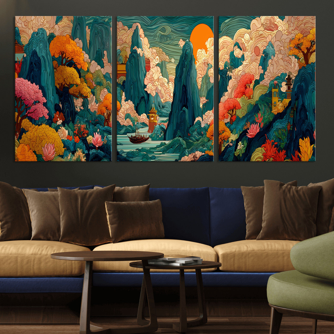 90422518-MGV-CV-48X32-3P - Colorful Japanese Landscape Print: Maximalist Panoramic Wall Art