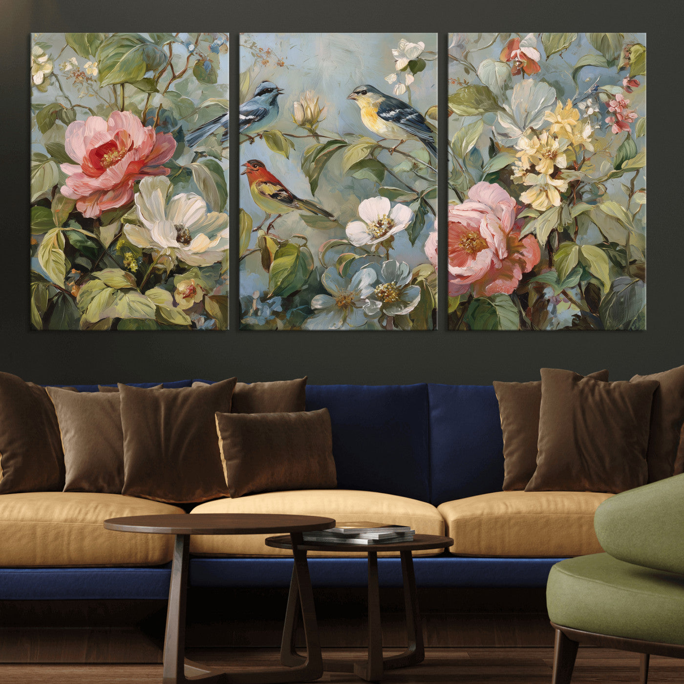 55440837-MGV-CV-36X24 - Vintage Birds and Flowers Wall Art Canvas Print, Botanical Bird Painting Canvas Print, Floral Garden Bird Artwork Canvas Print, Classic Bird Flower Painting Canvas Print