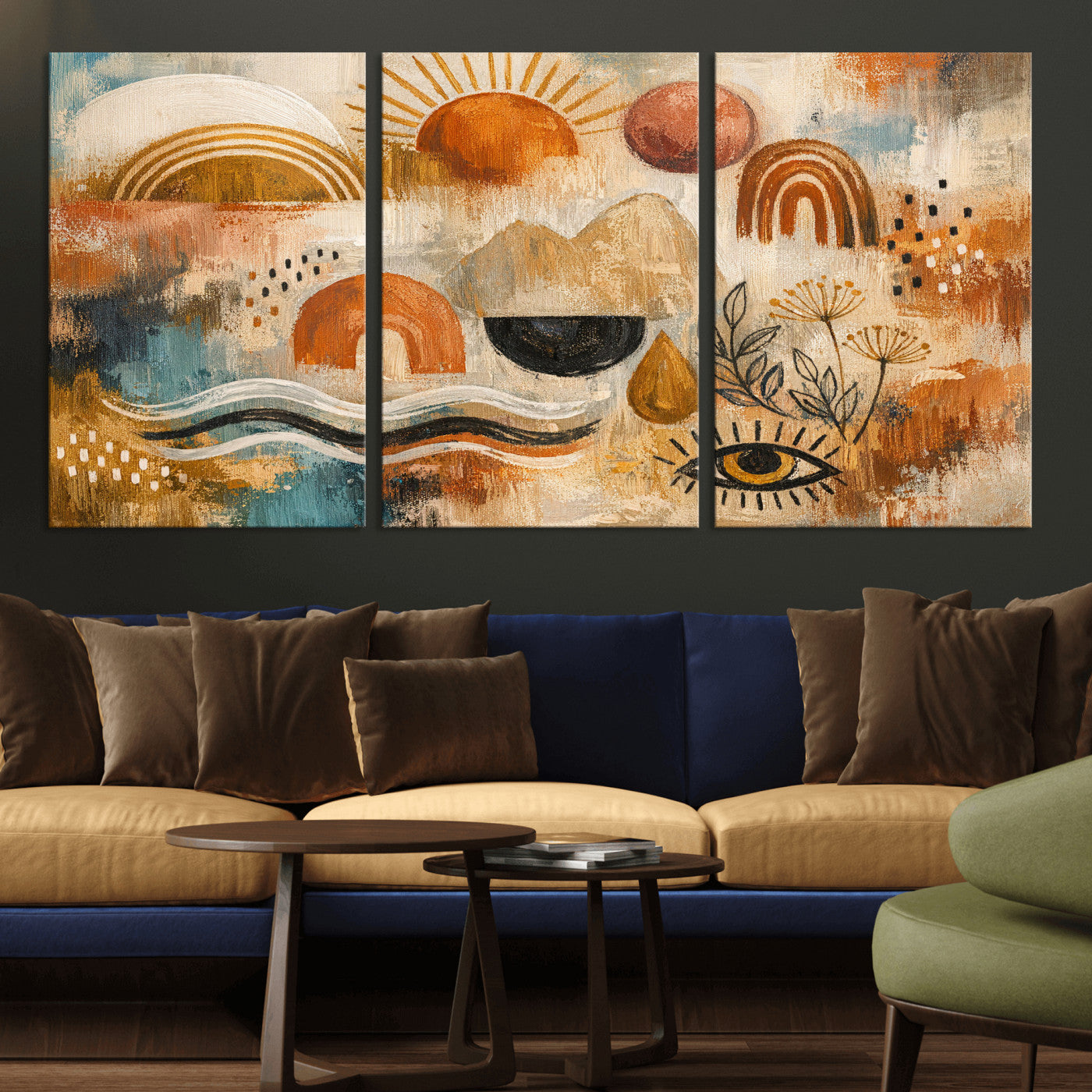 52155239-MGV-CV-36X24 - Geometric Boho Abstract Wall Art Canvas Print, Orange Blue Abstract Expressionist Painting Print, Modern Geometric Abstract Canvas Art