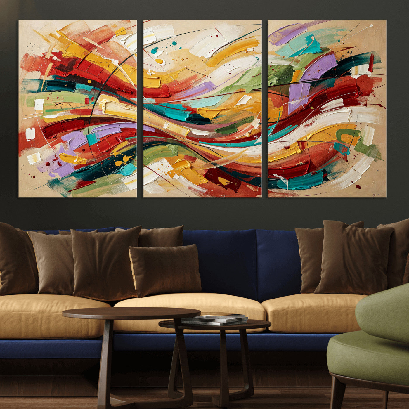 39887645-MGV-CV-36X24 - Geometric Abstract Wall Art Canvas Print, Orange Blue Abstract Expressionist Painting Print, Modern Geometric Abstract Canvas Art