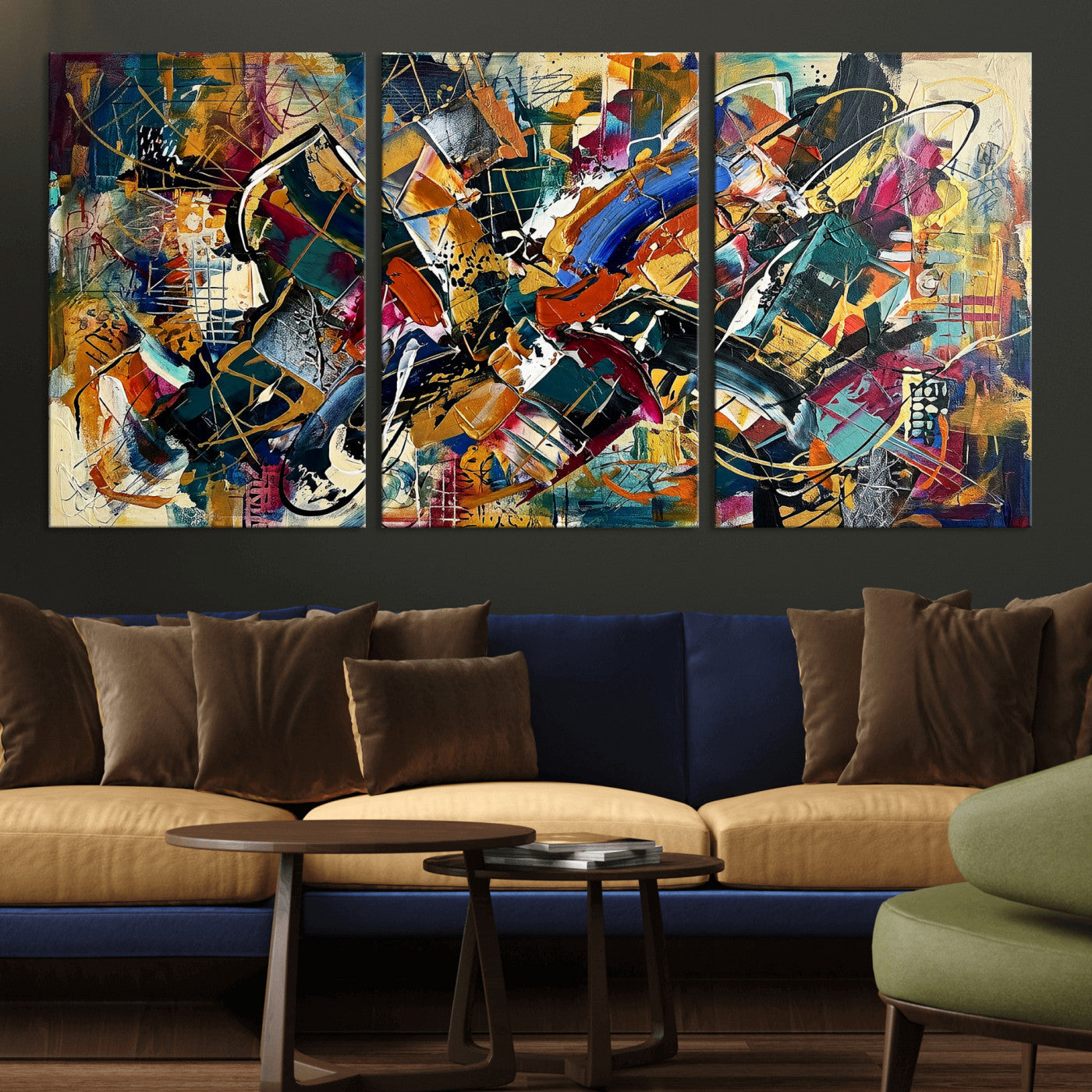 15525527-MGV-CV-36X24 - Geometric Abstract Wall Art Canvas Print, Orange Blue Abstract Expressionist Painting Print, Modern Geometric Abstract Canvas Art