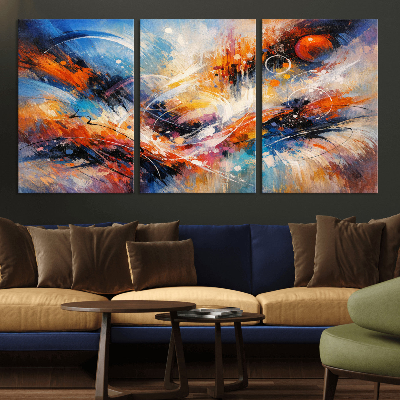 47770355-MGV-CV-36X24 - Geometric Abstract Wall Art Canvas Print, Orange Blue Abstract Expressionist Painting Print, Modern Geometric Abstract Canvas Art