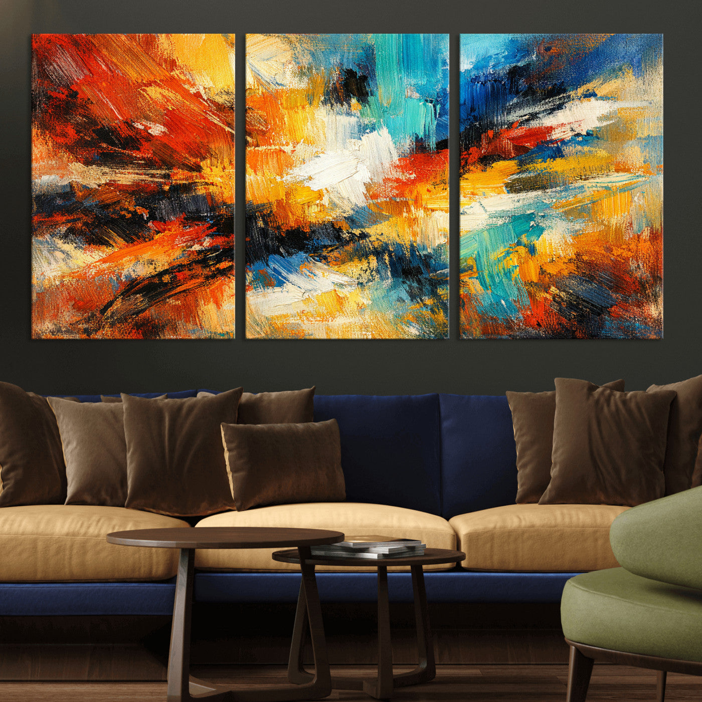 93167583-MGV-CV-36X24 - Geometric Abstract Wall Art Canvas Print, Orange Blue Abstract Expressionist Painting Print, Modern Geometric Abstract Canvas Art