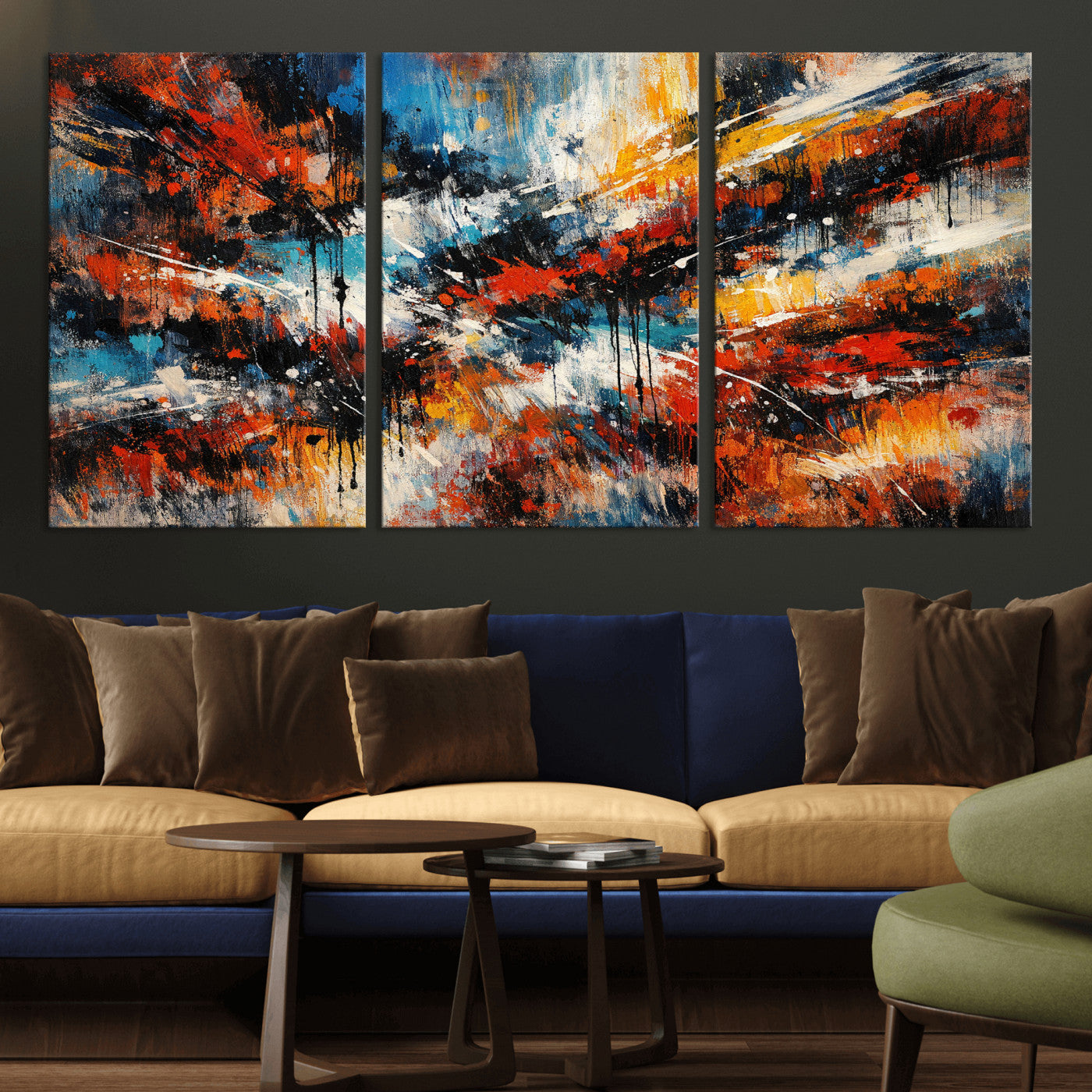 80276069-MGV-CV-36X24 - Geometric Abstract Wall Art Canvas Print, Orange Blue Abstract Expressionist Painting Print, Modern Geometric Abstract Canvas Art