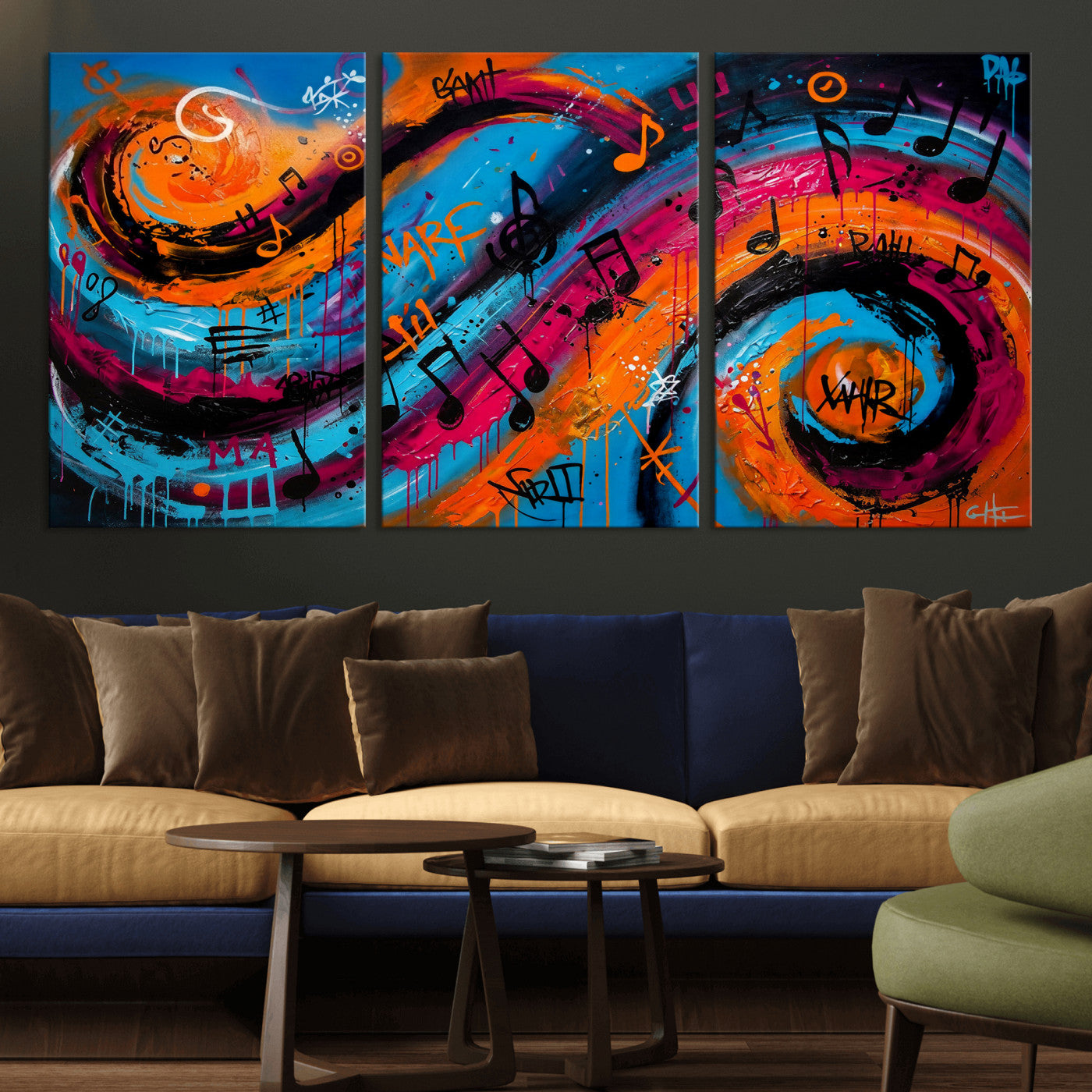 34936518-MGV-CV-36X24 - Geometric Abstract Wall Art Canvas Print, Orange Blue Abstract Expressionist Painting Print, Modern Geometric Abstract Canvas Art