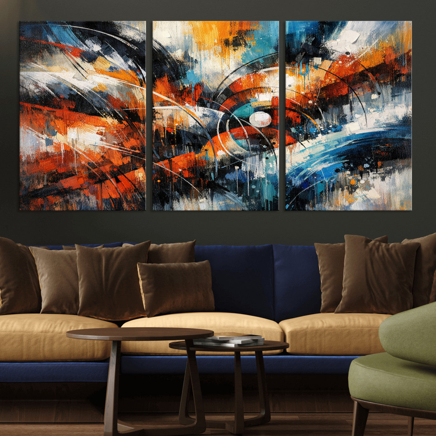 47120691-MGV-CV-36X24 - Geometric Abstract Wall Art Canvas Print, Orange Blue Abstract Expressionist Painting Print, Modern Geometric Abstract Canvas Art