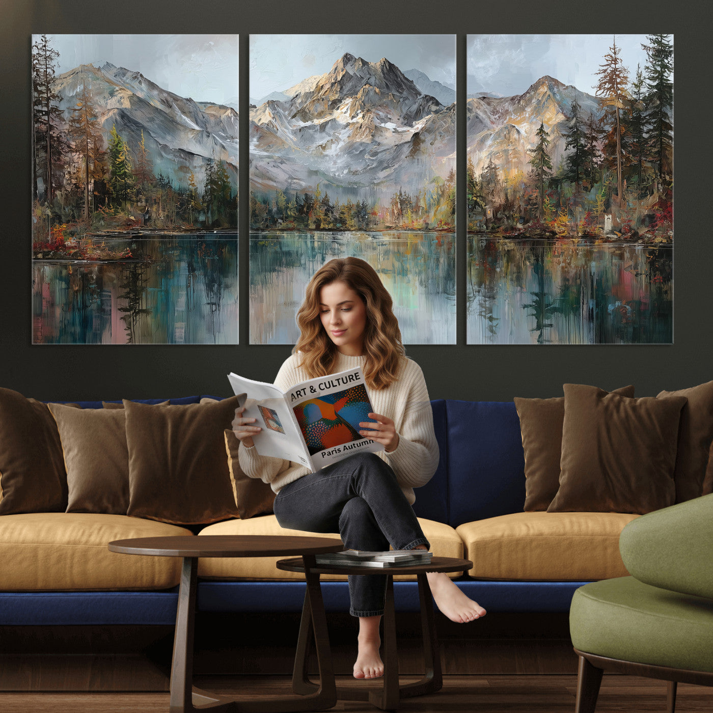 15527546-MGV-CV-60X30-3P - Drip Style Forest Lake Gold Art — Abstract Expressionist Mountain Print | Grey Pine Tree Canvas | Moody Nature Wall Decor | Large Panoramic Art