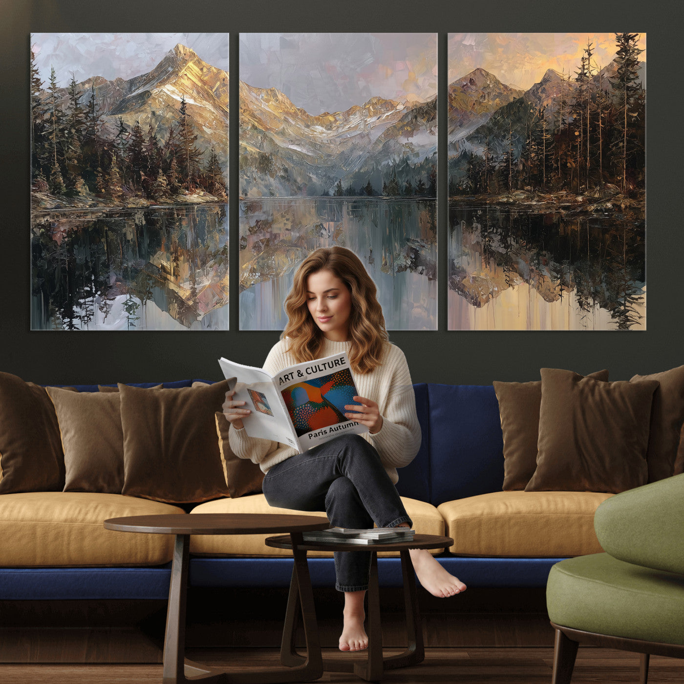 37675699-MGV-CV-60X30-3P - Drip Style Forest Lake Gold Art — Abstract Expressionist Mountain Print | Grey Pine Tree Canvas | Moody Nature Wall Decor | Large Panoramic Art