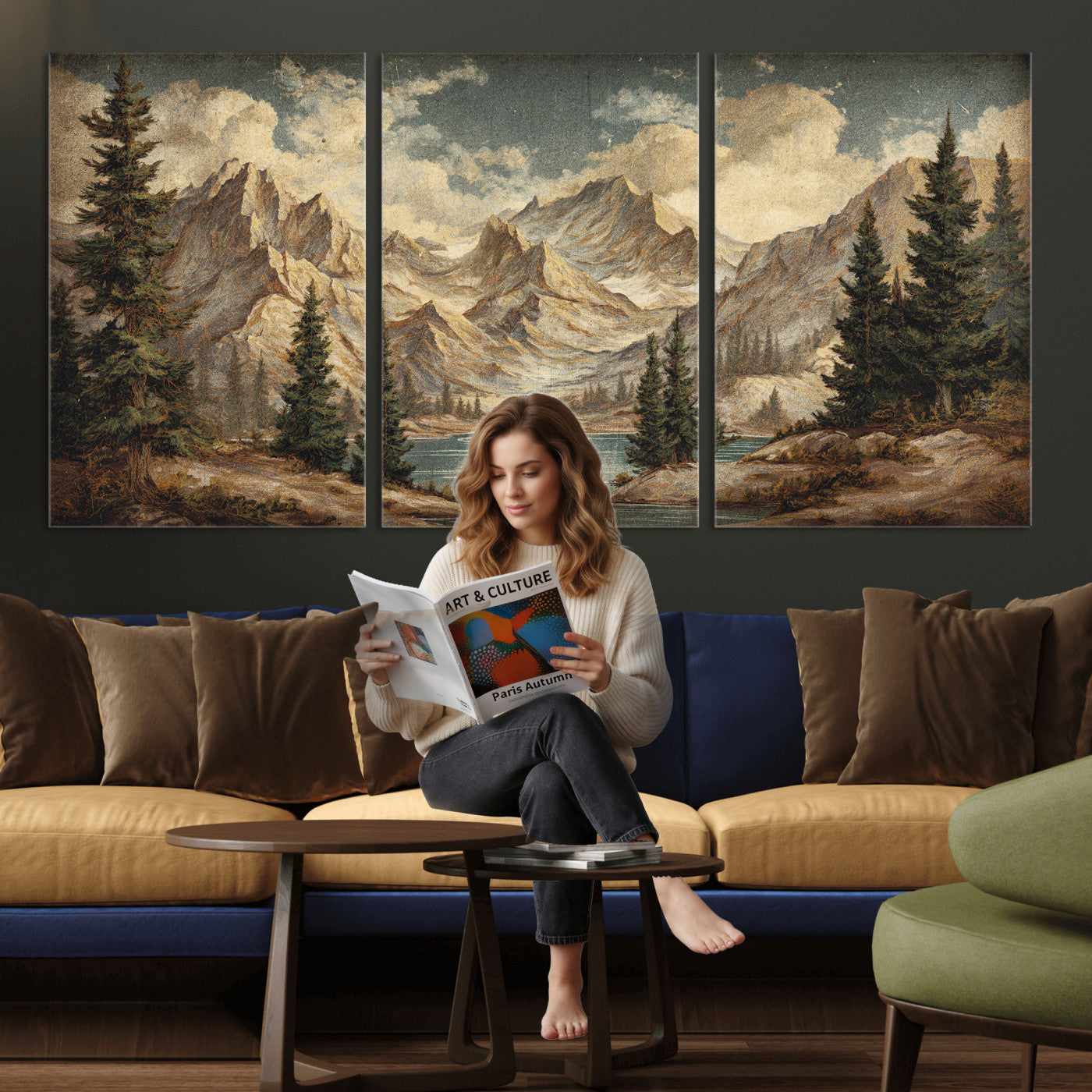 62093020-MGV-CV-60X30-3P - Drip Style Forest Lake Gold Art — Abstract Expressionist Mountain Print | Grey Pine Tree Canvas | Moody Nature Wall Decor | Large Panoramic Art