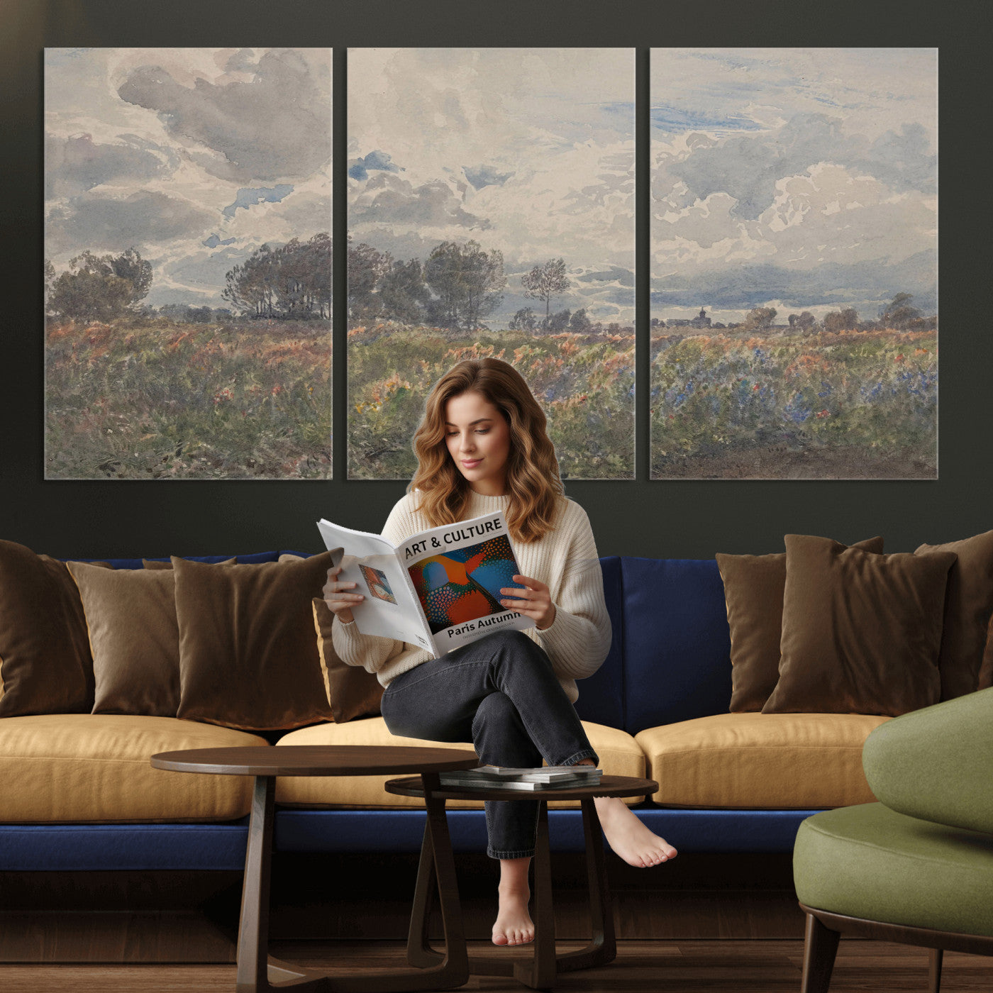 76626885-MGV-CV-36X24 - Vintage Watercolor Meadow Canvas Wall Art — English Pastoral Wildflower Storm Sky Print | Cottagecore Nature Decor | Classic Landscape Gift