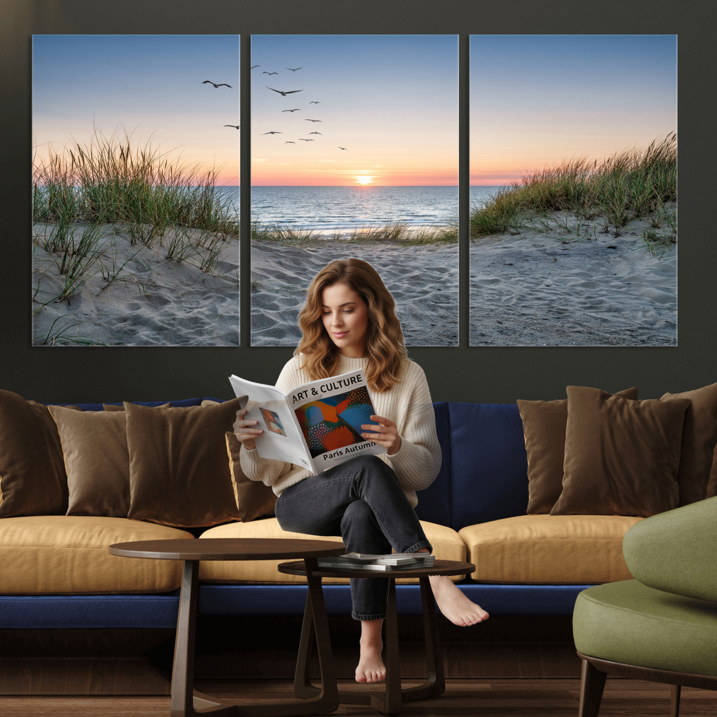 12172032-MGV-CV-36X24 - Sandy Dune Path Sunset Canvas Wall Art — Seagulls Beach Ocean Photography Print | Coastal Home Decor | Nautical Wall Art | Beach House Gift