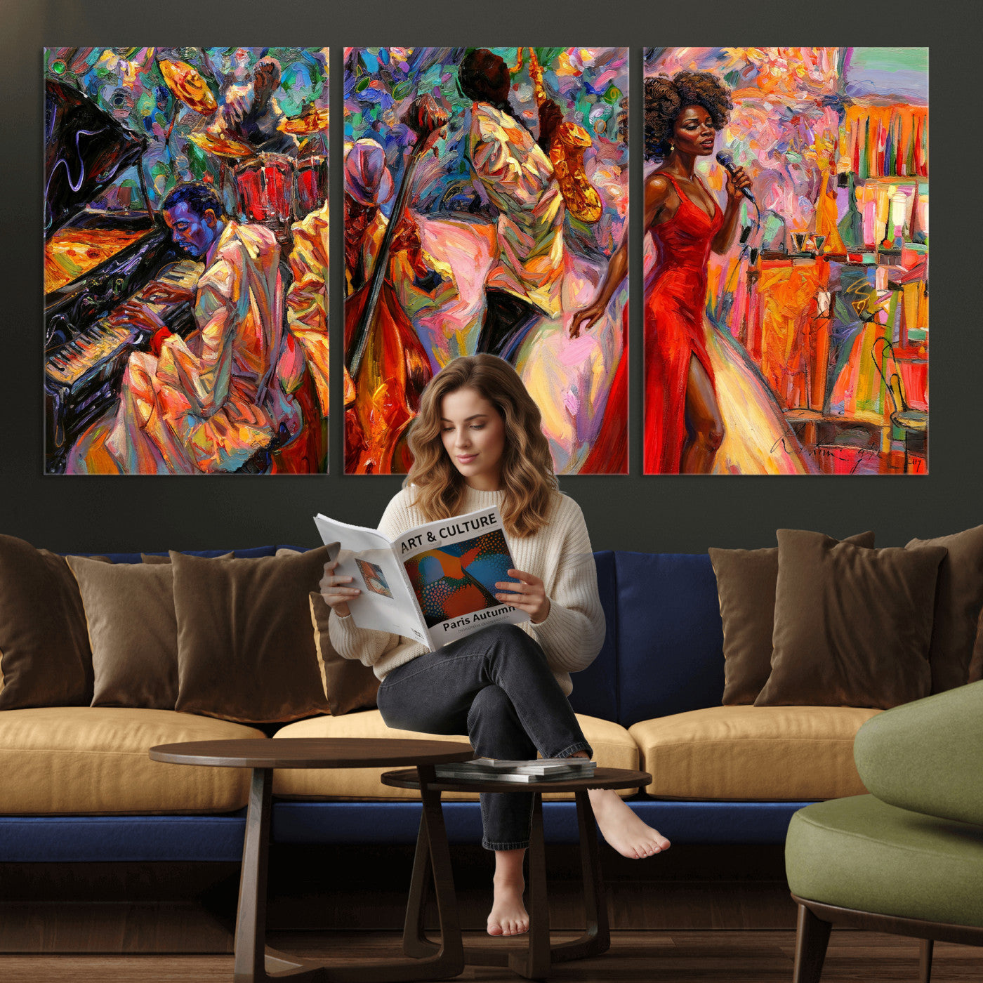 72615137-MGV-CV-36X24 - African American Jazz Singer Canvas Art - Red Dress Black Woman Music Print | Colorful Jazz Band Wall Decor | Living Room Gift for Her