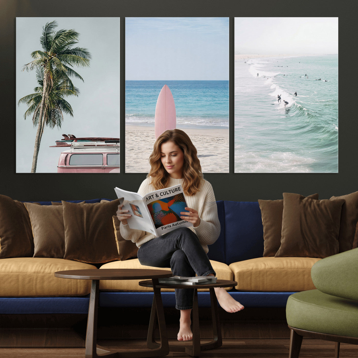 39028765-MGV-CV-60X30-3P - Surf Canvas Wall Art Set, Pink Surfboard VW Van Palm Tree Triptych, Beach House Coastal Decor, Pastel Ocean Photography Print, Boho Surf Decor