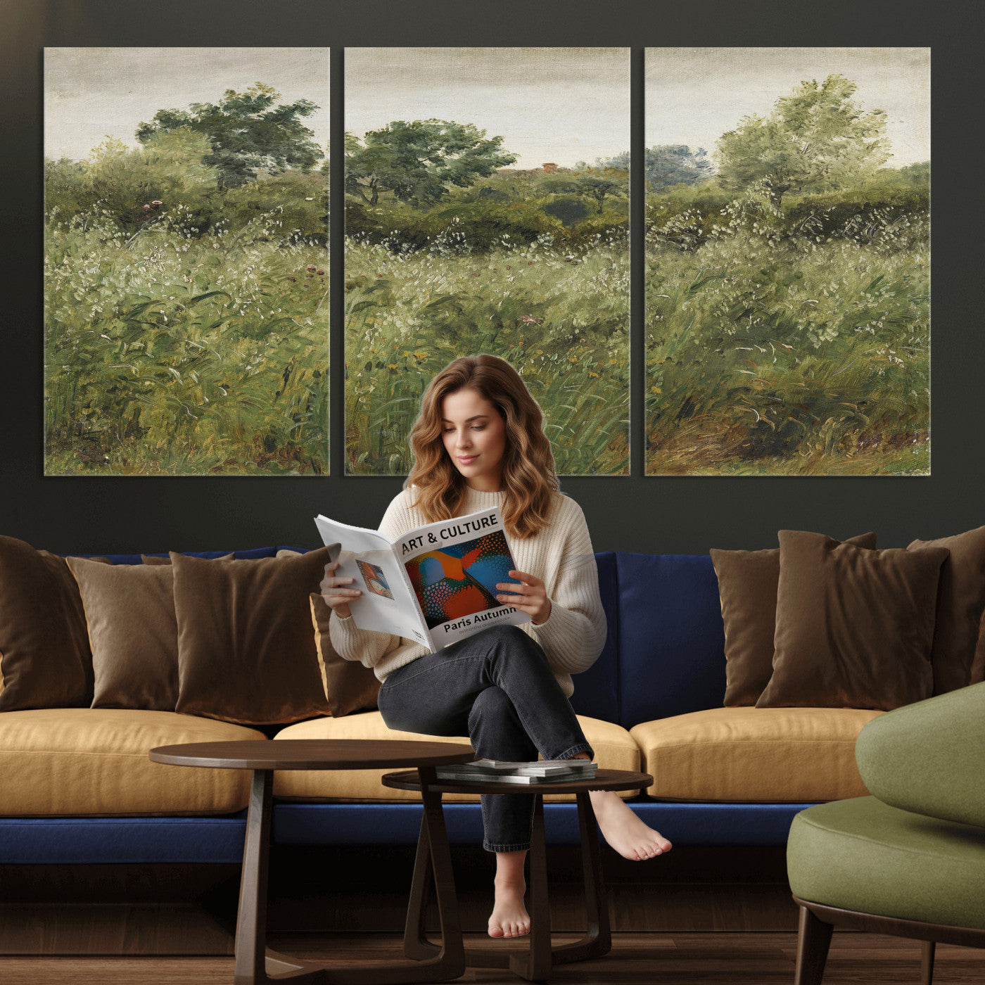 92328261-MGV-CV-36X24 - Wildflower Meadow Canvas Wall Art, Impressionist Overgrown Field Painting Print, Vintage Green Nature Decor, Cottagecore Botanical Art, Living Room Print