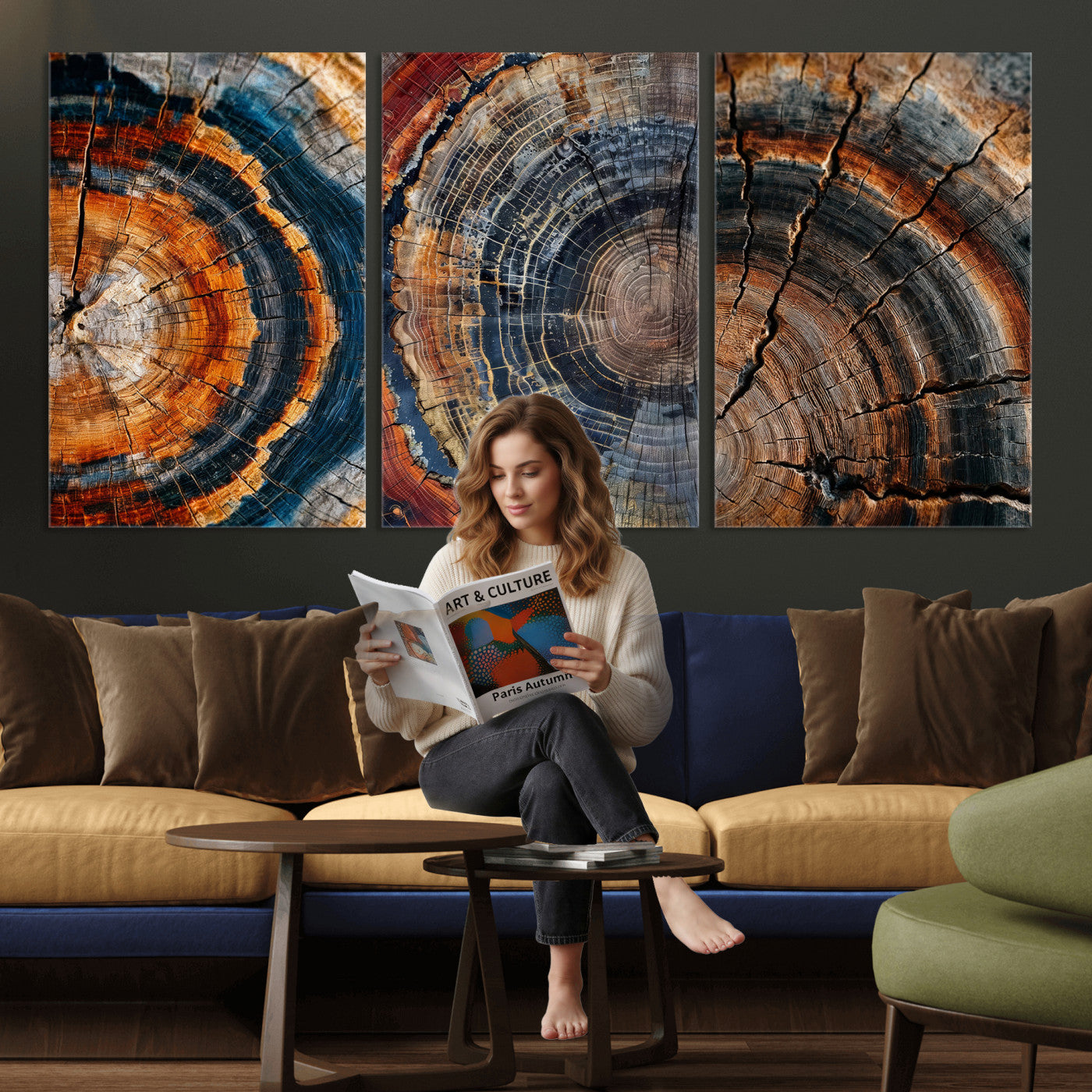 53873594-MGV-CV-60X30-3P - Tree Ring Canvas Wall Art, Wood Cross Section Triptych Print, Rustic Nature Abstract Decor, Earthy Boho Wall Art, Modern Farmhouse Living Room