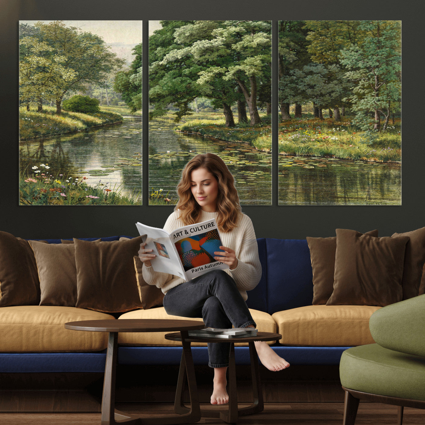 44288560-MGV-CV-36X24 - Forest Stream Canvas Wall Art, Peder Monsted A Forest Stream 1905 Print, Danish Realist Landscape, Lily Pad River Nature Decor, Vintage Green Painting