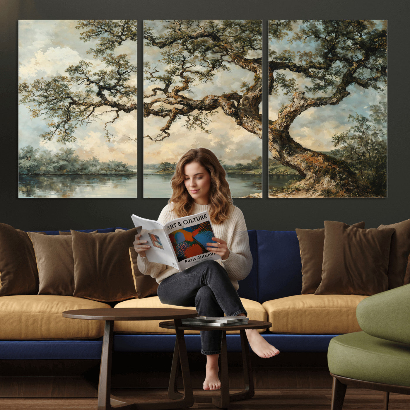63857726-MGV-CV-36X24 - Old Oak Tree Canvas Wall Art, Turner Inspired Romantic Landscape Print, Vintage Nature Painting, Living Room Wall Decor, Antique Style Tree Art