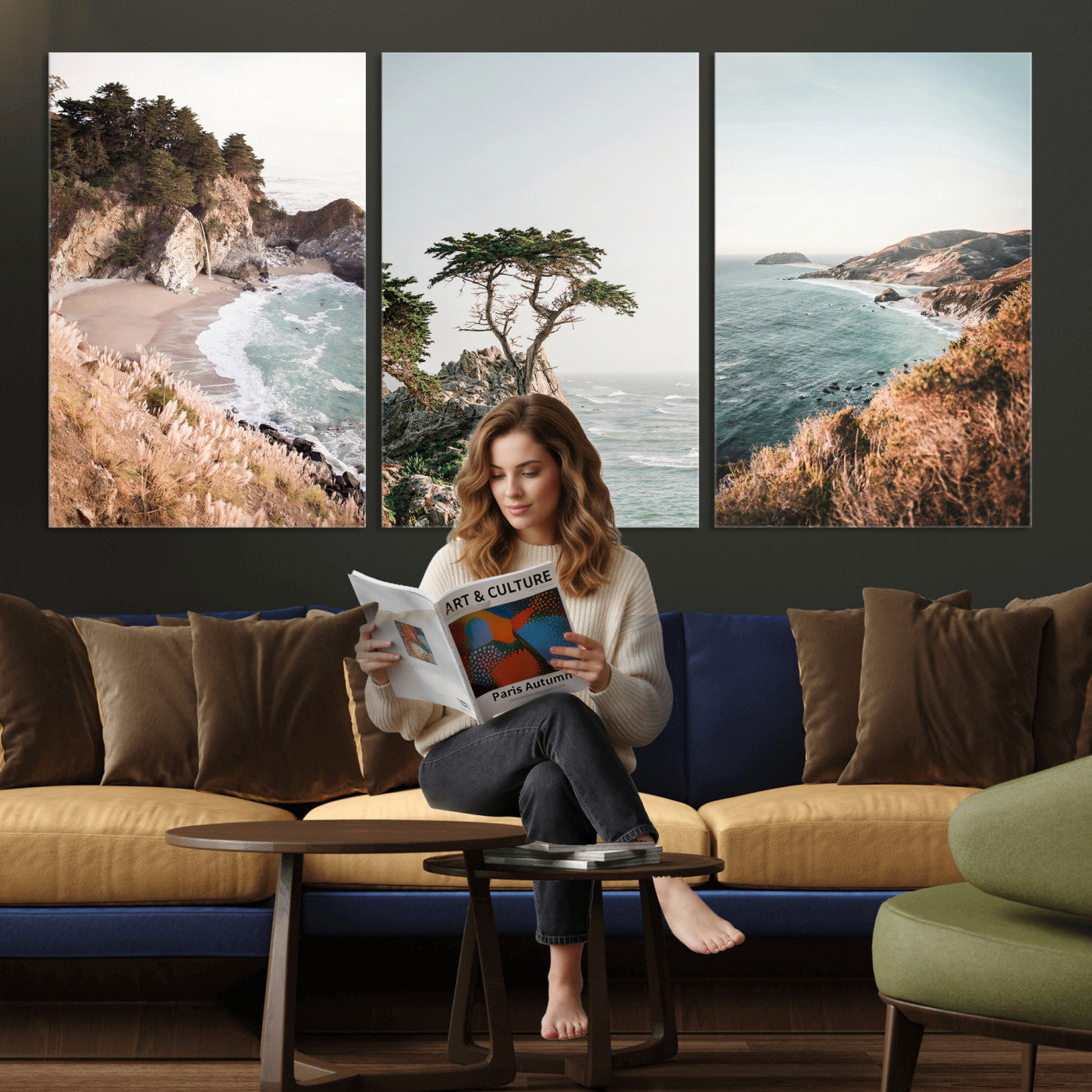 68839391G-MGV-CV-60X30-3P - California Coast Canvas Wall Art Set, Big Sur McWay Falls Lone Cypress Triptych Print, Coastal Photography Decor, Beach House Wall Art