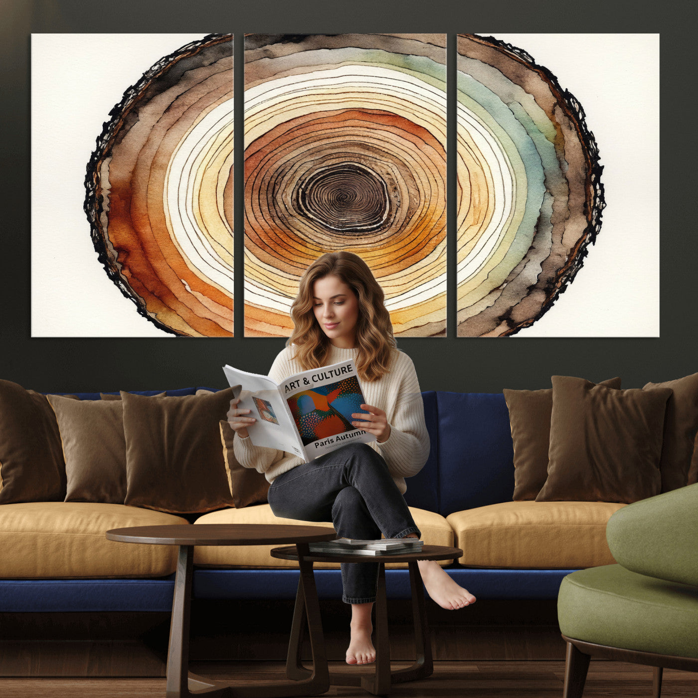 13719680-MGV-CV-36X24 - Natural Wood Slice Wall Art Canvas Print, Tree Ring Wall Art, Framed Abstract Nature Wall Decor, Earth Tone Statement Canvas Print