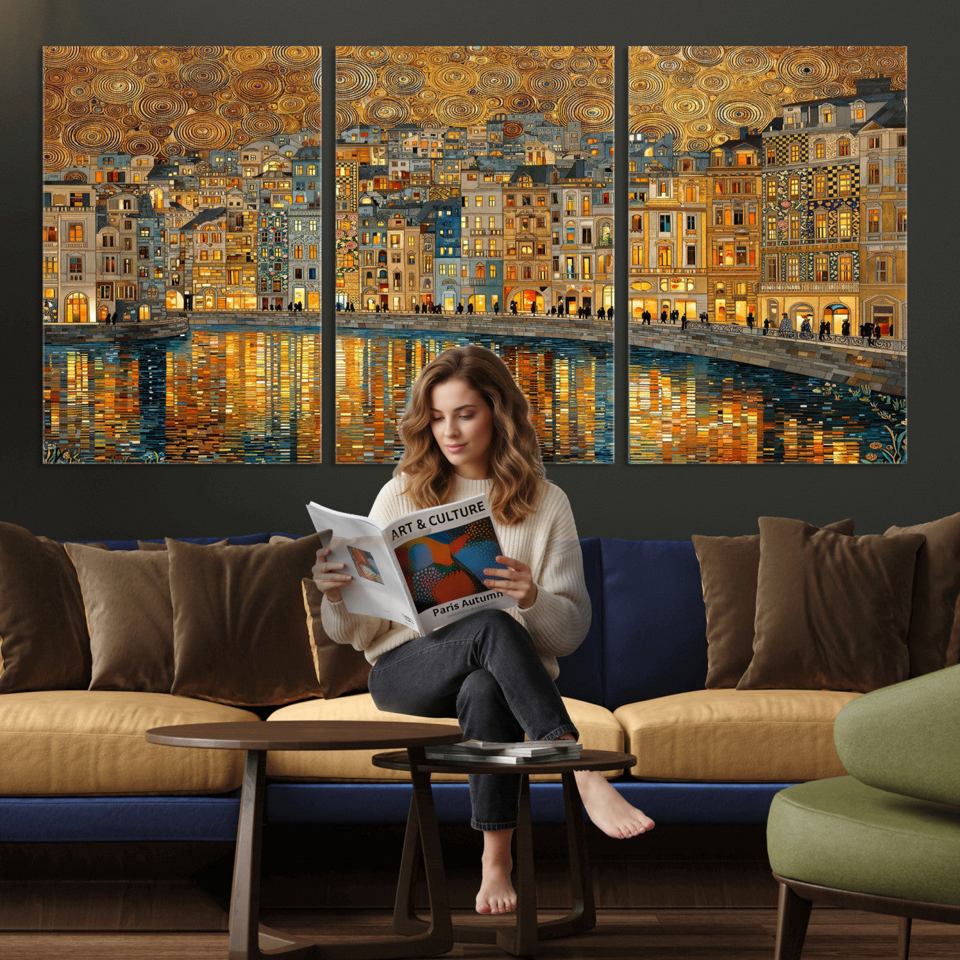 94022787-MGV-CV-36X24 - Gustav Klimt Golden Cityscape Wall Art Canvas Print, Framed River Town Landscape Artwork, Ornate Architecture Wall Decor for Living Room Bedroom Office