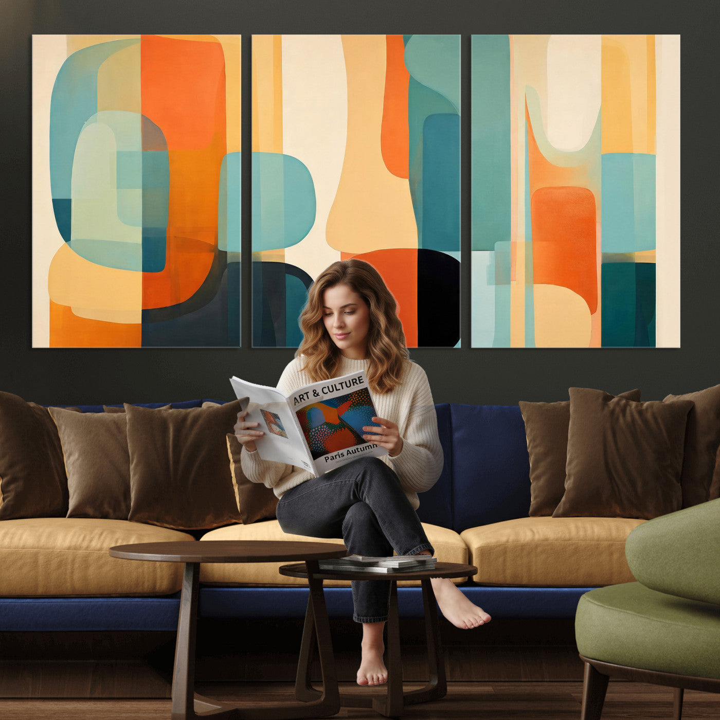 71488451-MGV-CV-60X30-3P - Abstract Geometric Wall Art Canvas Print, Mid Century Modern Wall Art, Abstract Wall Art Canvas Print for Living Room Bedroom Office