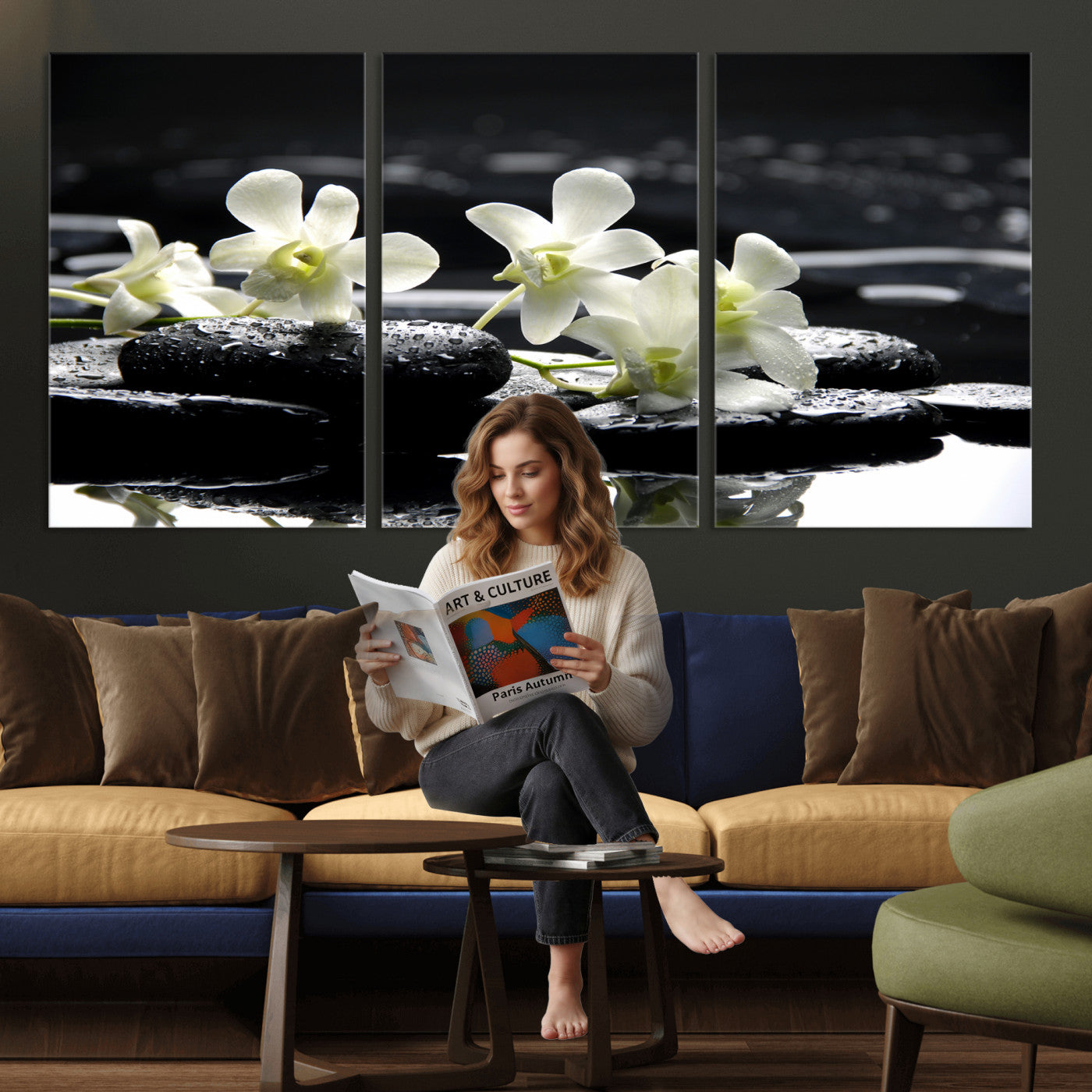 79486206-MGV-CV-36X24 - Plumeria Frangipani Black Stone Canvas | White Flower Spa Photography Print | Tropical Zen Wall Art | Grey Pebble Floral for Meditation Room Decor