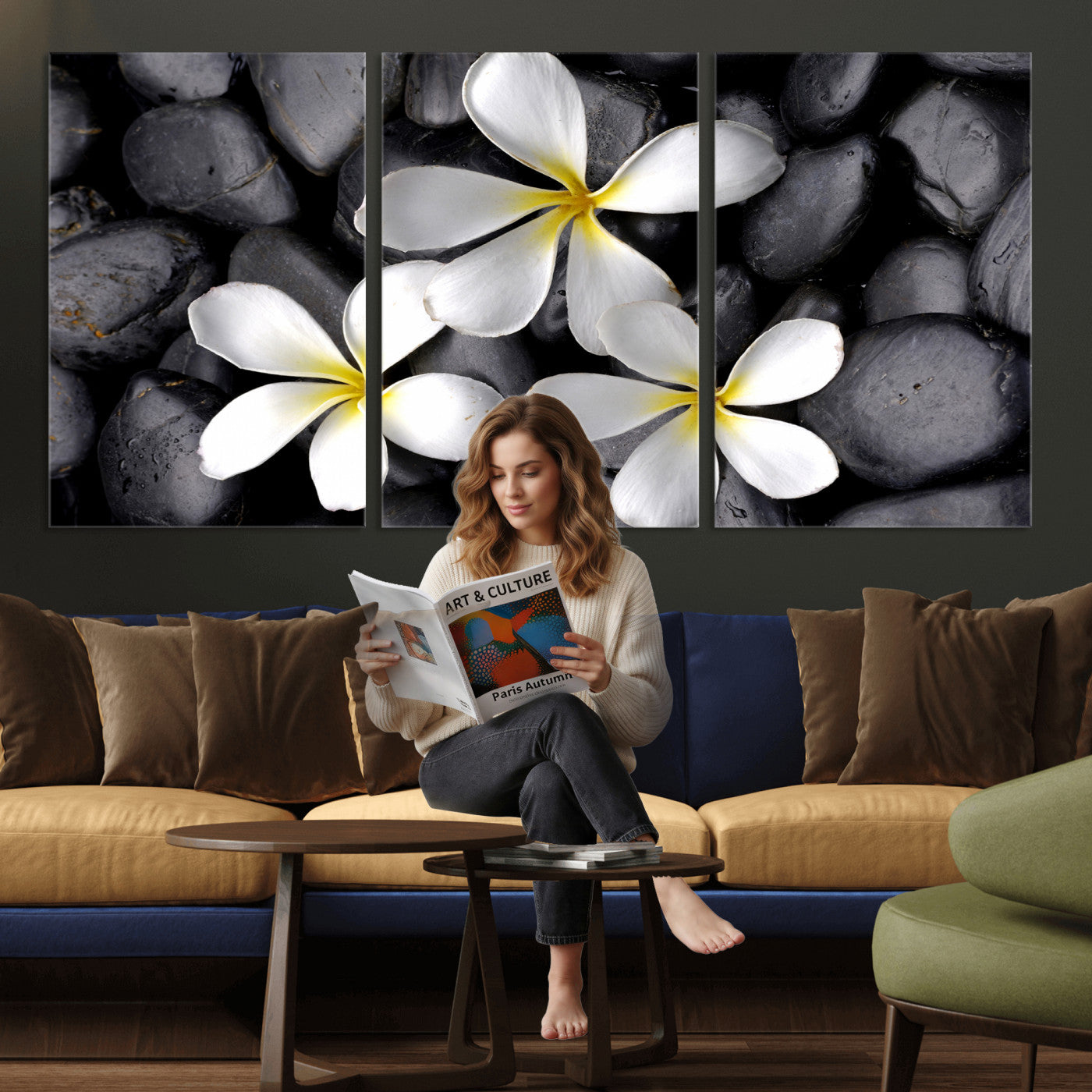 43639613-MGV-CV-36X24 - Plumeria Frangipani Black Stone Canvas | White Flower Spa Photography Print | Tropical Zen Wall Art | Grey Pebble Floral Decor