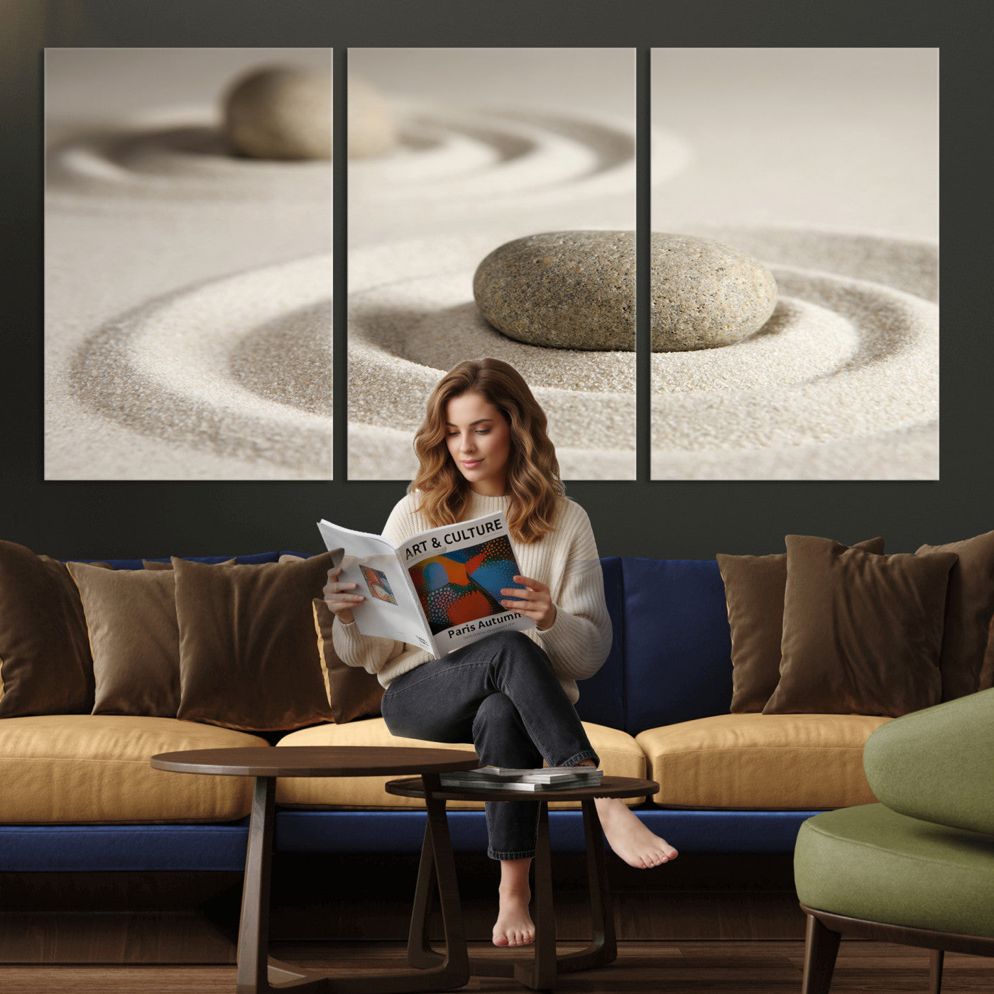 13397966-MGV-CV-36X24 - Zen Garden Stone Sand Canvas | Japanese Rock Garden Wall Art | Minimalist Meditation Print | Neutral Beige Mindfulness Decor