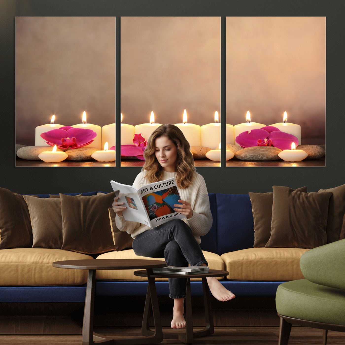 59470569-MGV-CV-36X24 - Spa Candles Orchid Canvas Print | Zen Wellness Relaxation Wall Art | Pink Flower Candlelight Bathroom Decor | Calm Beige Photography