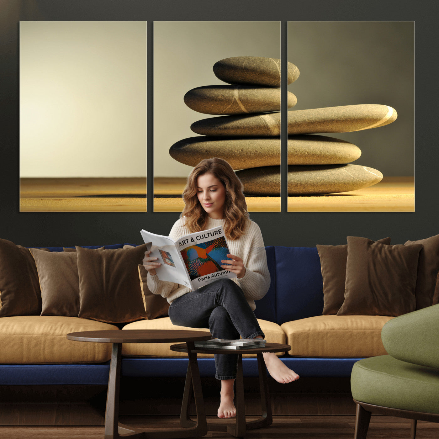 85424263-MGV-CV-36X24 - Zen Stone Wall Art Canvas Print, Balanced Rock Stack Framed Spa Artwork, Minimalist Meditation Decor for Living Room Bedroom Office Bathroom