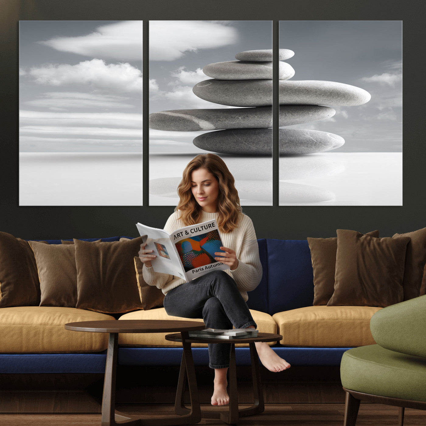 86426188-MGV-CV-36X24 - Zen Stone Wall Art Canvas Print, Balanced Rock Stack Framed Spa Artwork, Minimalist Meditation Decor for Living Room Bedroom Office Bathroom