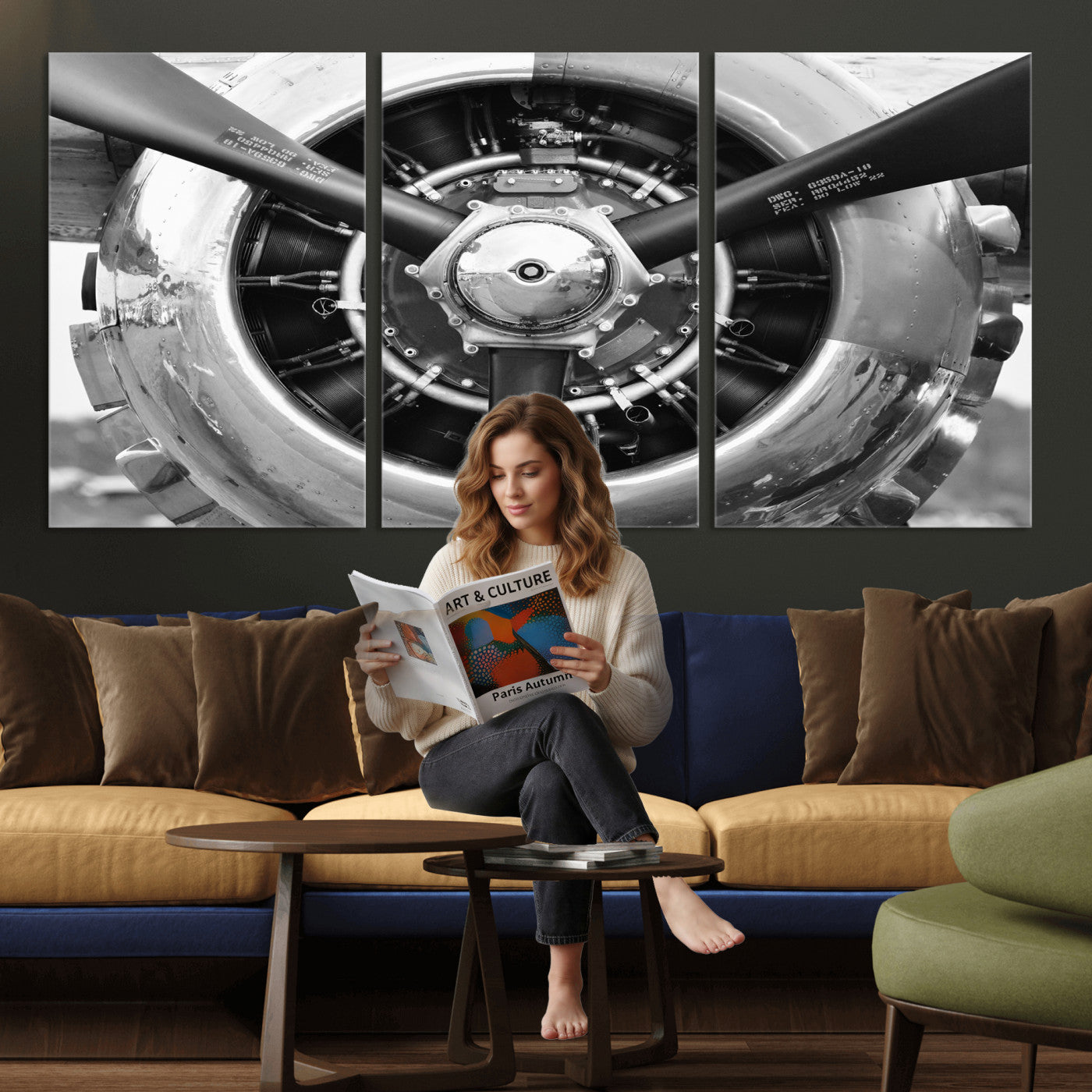 73322230-MGV-CV-36X24 - Vintage Propeller Plane Wall Art Canvas Print, Black and White Airplane Engine Close Up Framed Aviation Artwork for Pilot Office Hangar Decor