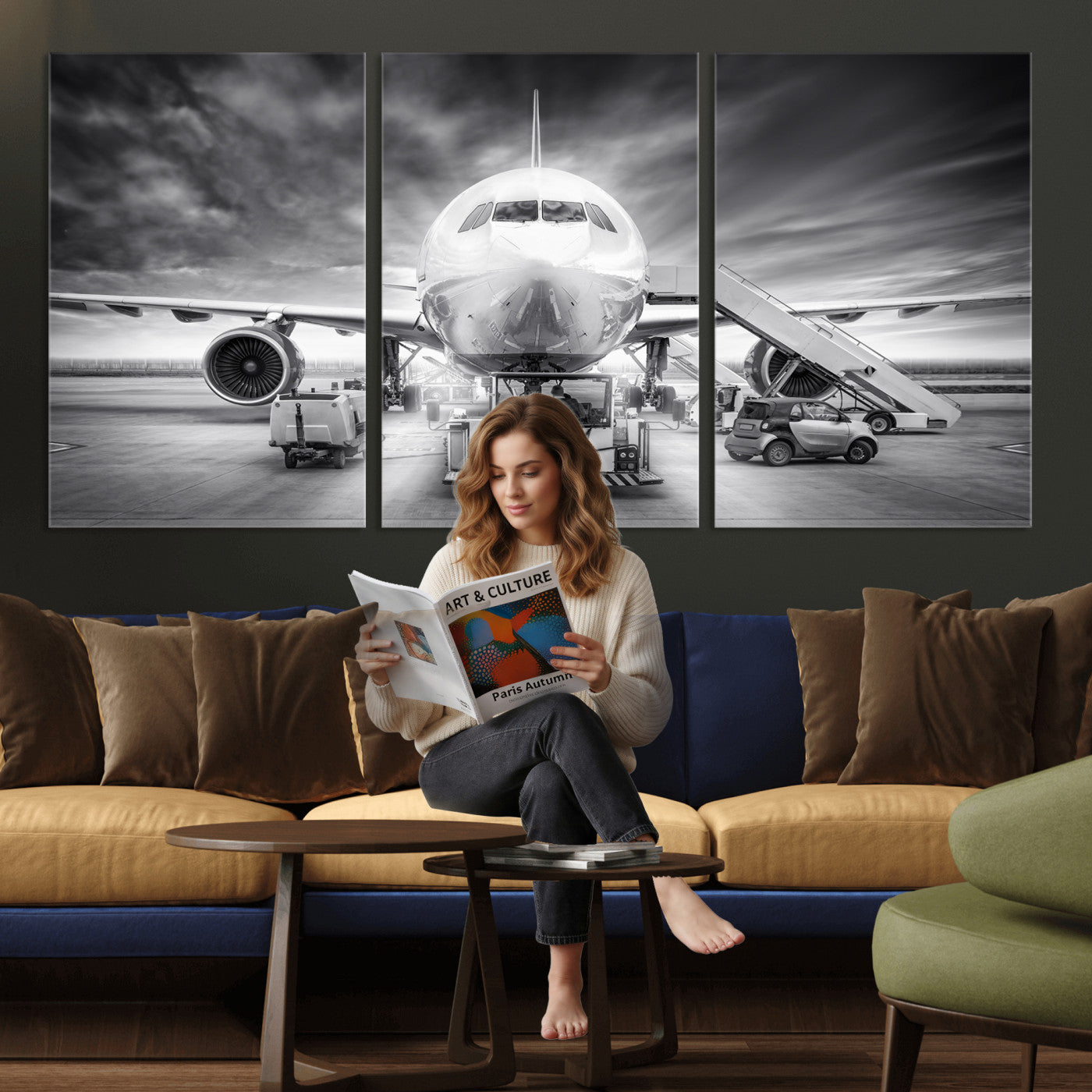 85885848-MGV-CV-36X24 - Airplane Wall Art Canvas Print, Black and White Jet Aircraft Airport Runway Framed Aviation Artwork for Pilot Office Hangar Travel Decor