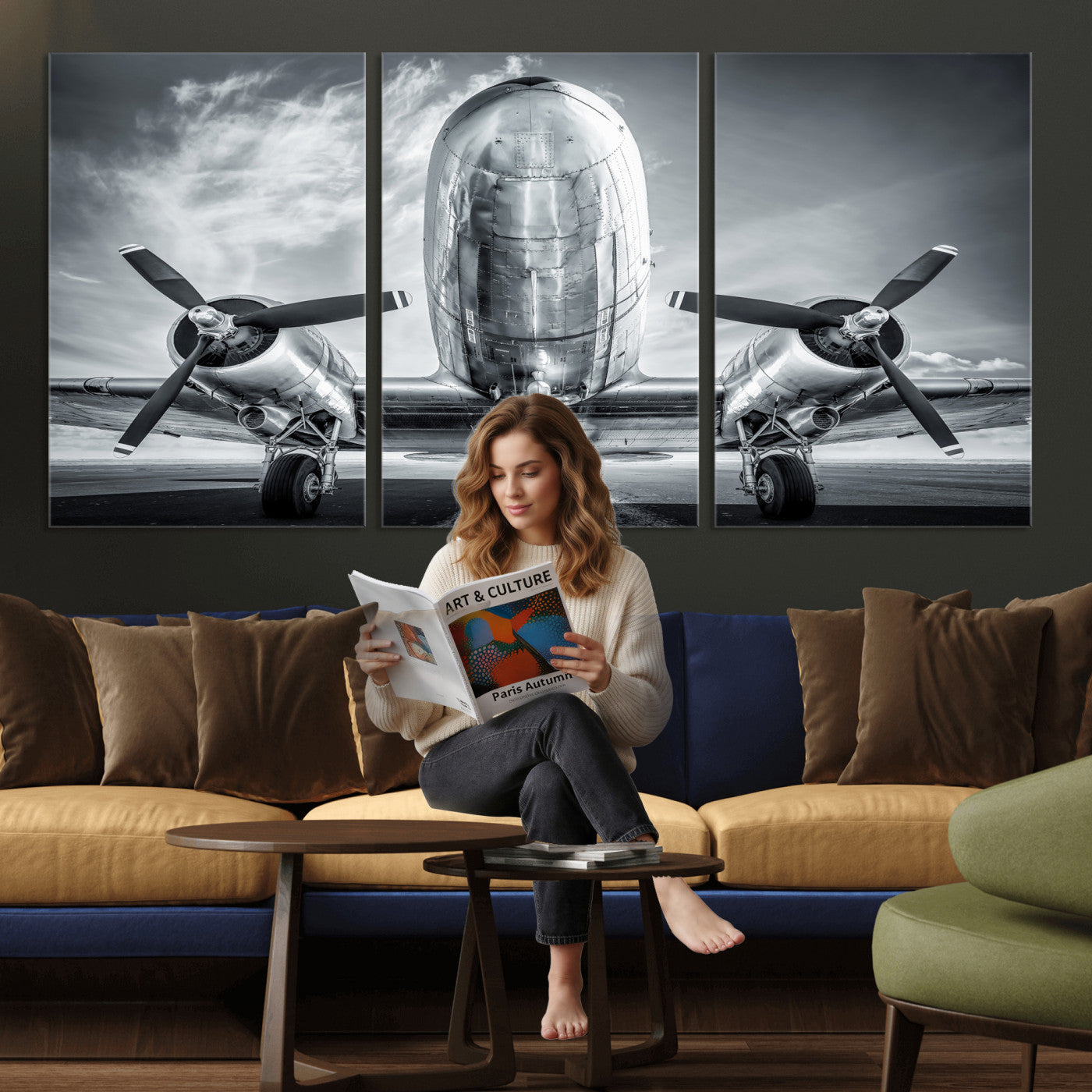 59729636-MGV-CV-36X24 - Vintage Propeller Plane Wall Art Canvas Print, Black and White Airplane Engine Close Up Framed Aviation Artwork for Pilot Office Hangar Decor