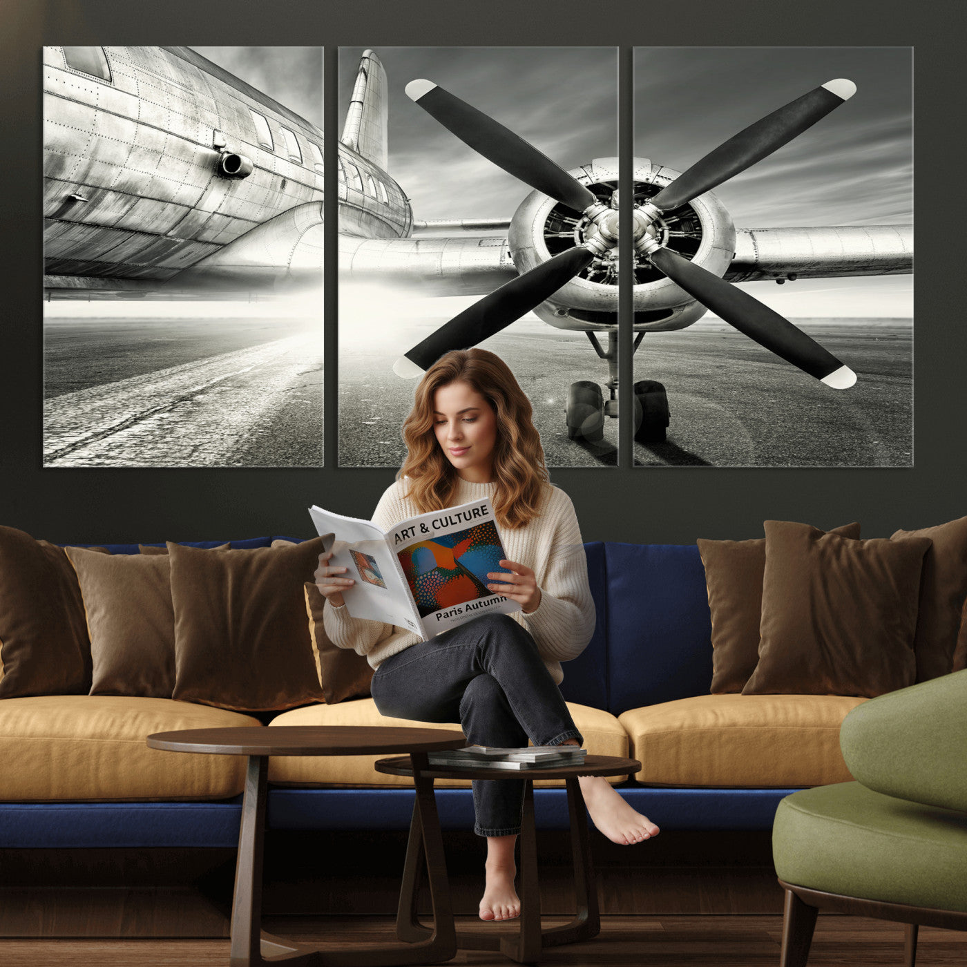 16420255-MGV-CV-36X24 - Vintage Airplane Wall Art Canvas Print, Black and White Propeller Aircraft Framed Aviation Artwork for Pilot Office Hangar Living Room Decor