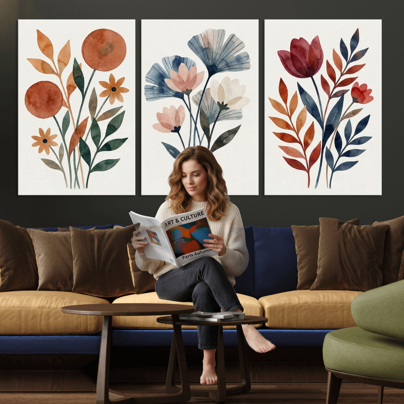 95190931-MGV-CV-60X30-3P - Watercolor Botanical Canvas Wall Art Set, Navy Terracotta Floral Triptych Print, Minimalist Flower Decor, Boho Living Room Art, Scandinavian Nature Print