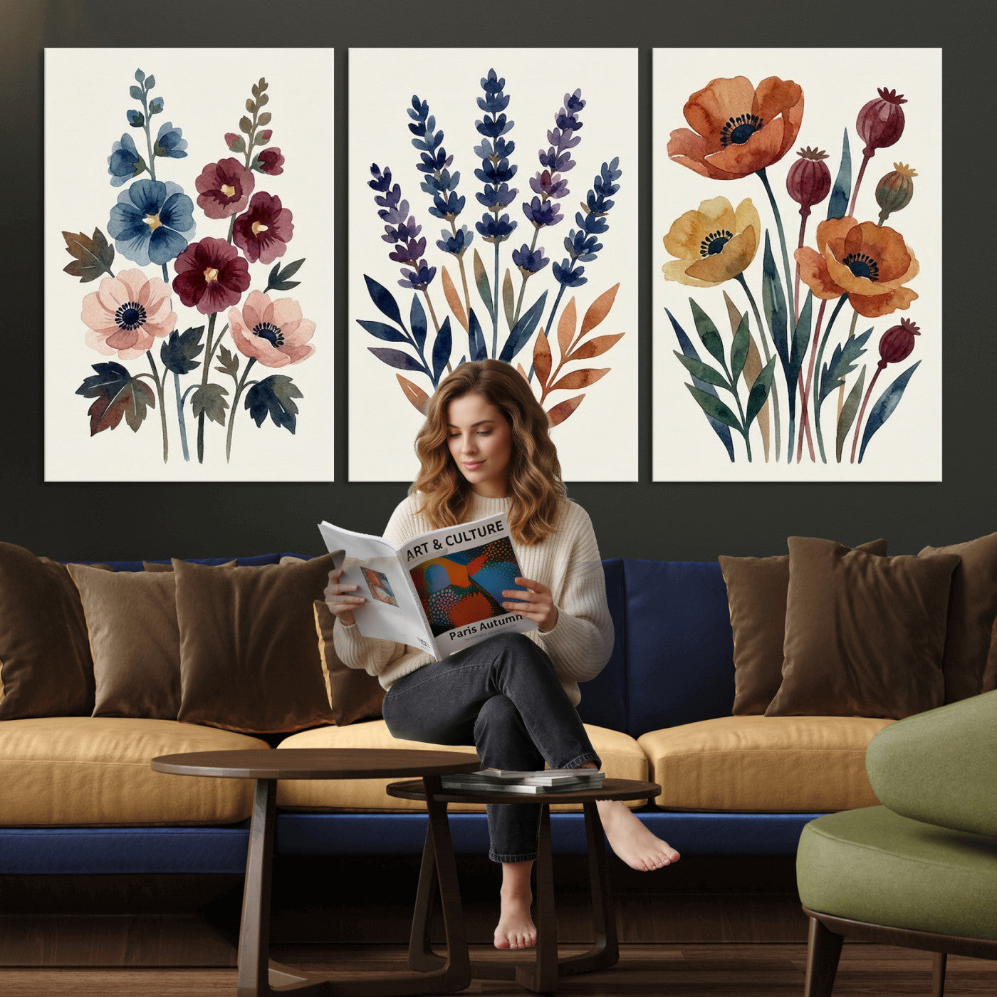 66468390-MGV-CV-60X30-3P - Watercolor Botanical Canvas Wall Art Set, Navy Terracotta Floral Triptych Print, Minimalist Flower Decor, Boho Living Room Art, Scandinavian Nature Print